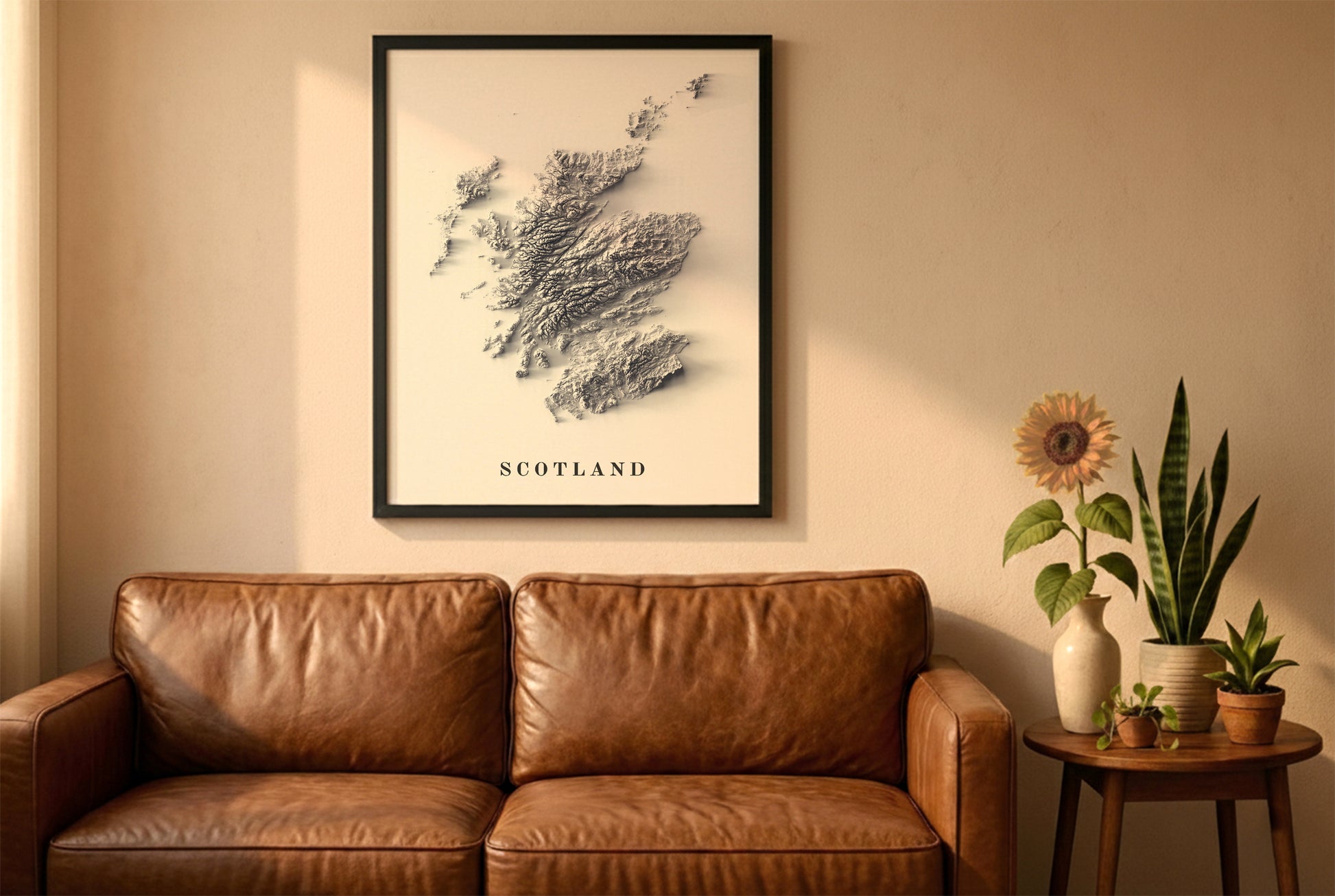 Scotland relief map in a black frame above a brown leather sofa. Boho living room with warm sunlight, sunflower, and indoor plants on a wooden side table