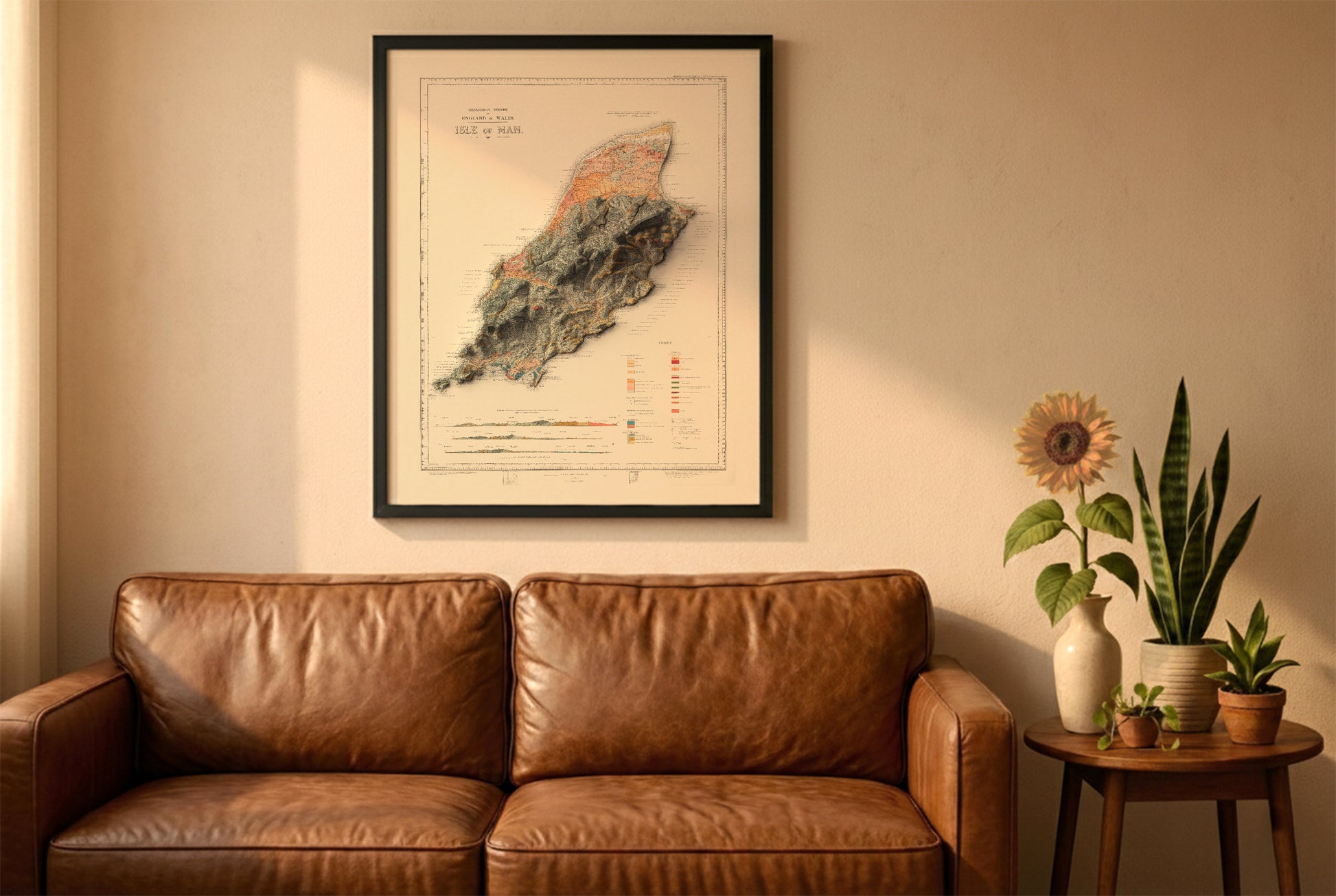 Isle of Man vintage relief map in a black frame above a brown leather sofa. Boho living room with warm sunlight, sunflower, and indoor plants on a wooden side table