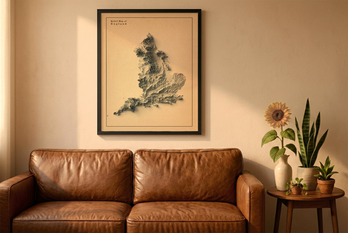 England relief map in a black frame above a brown leather sofa. Boho living room with warm sunlight, sunflower, and indoor plants on a wooden side table