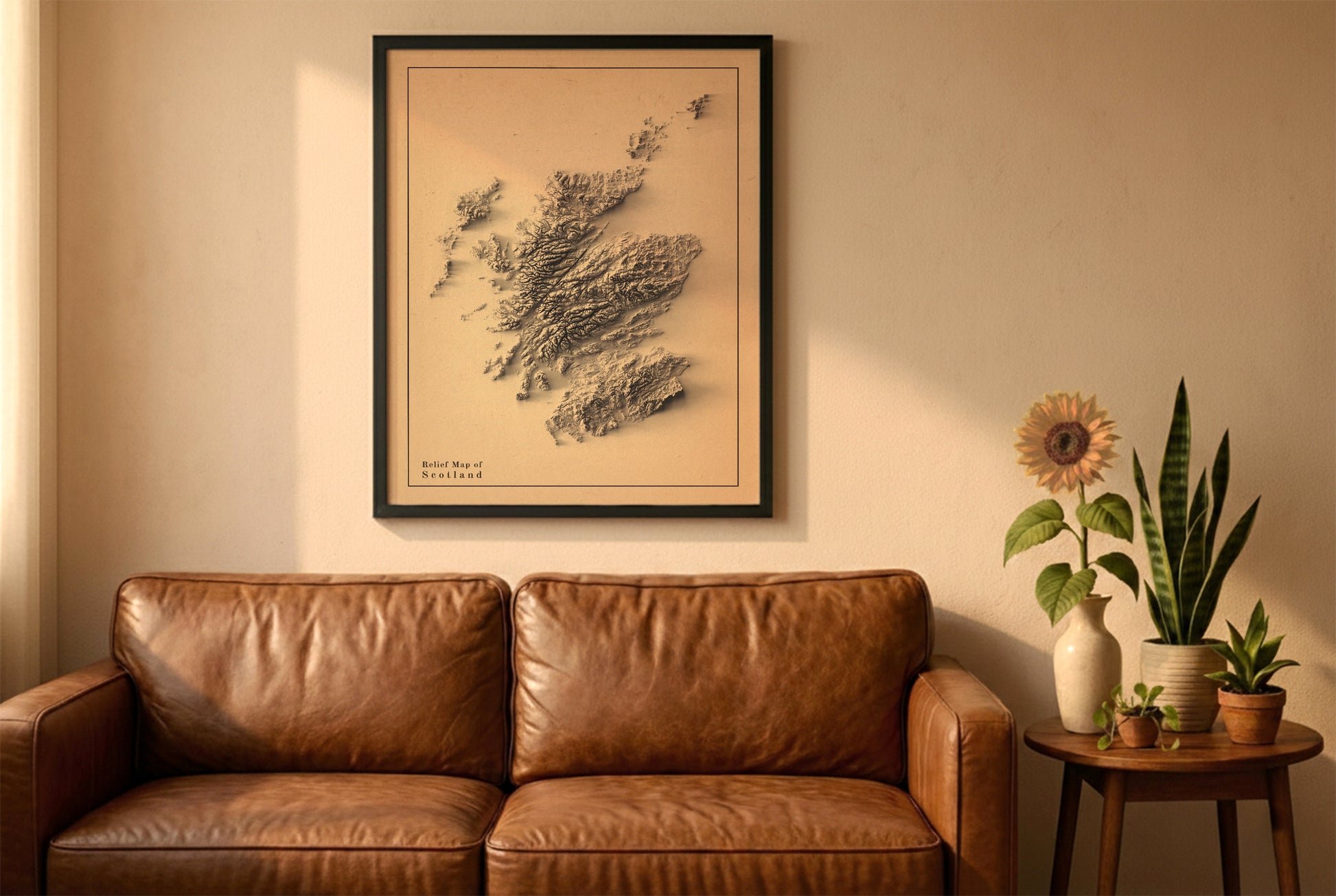 Scotland relief map in a black frame above a brown leather sofa. Boho living room with warm sunlight, sunflower, and indoor plants on a wooden side table