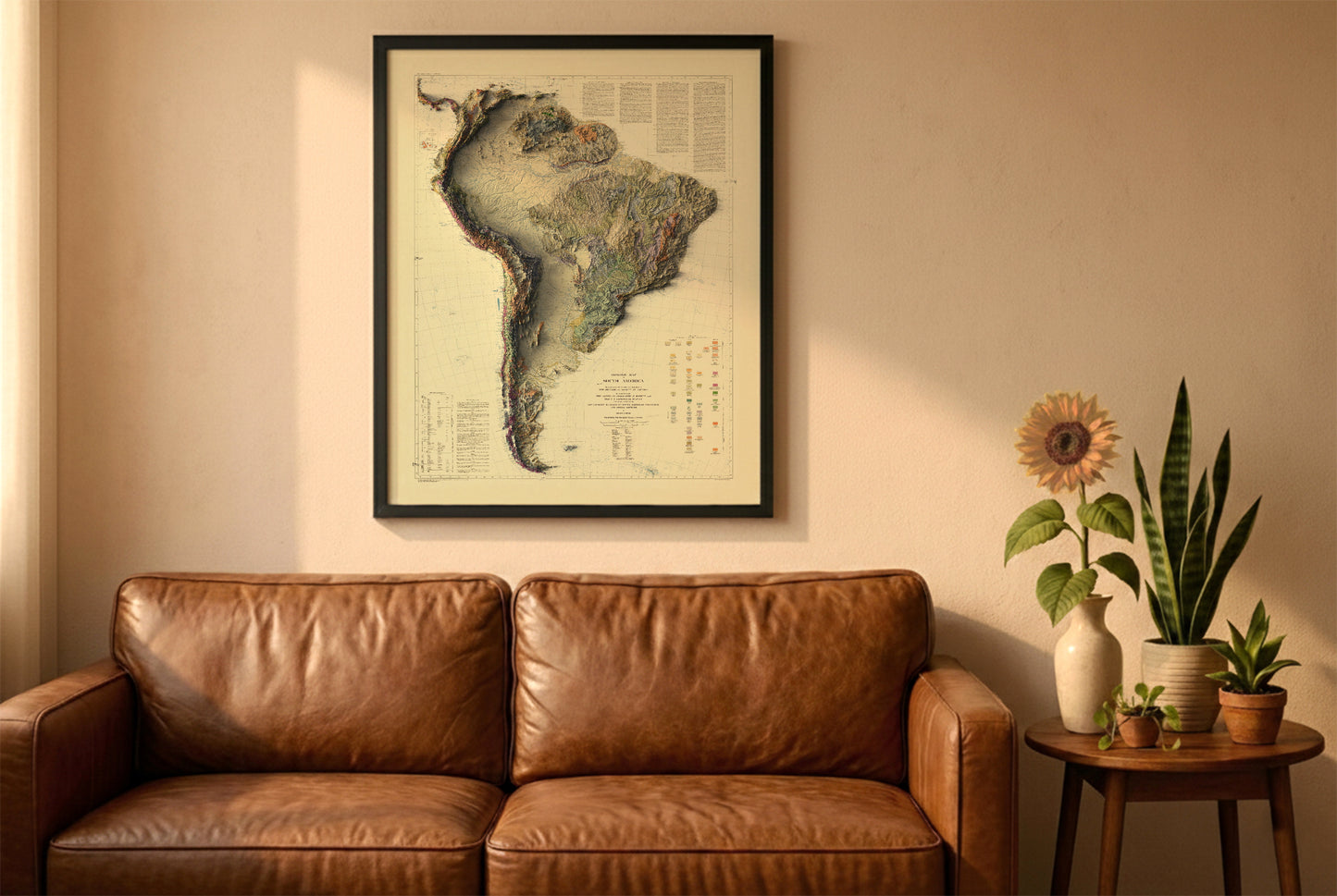 South America vintage relief map in a black frame above a brown leather sofa. Boho living room with warm sunlight, sunflower, and indoor plants on a wooden side table