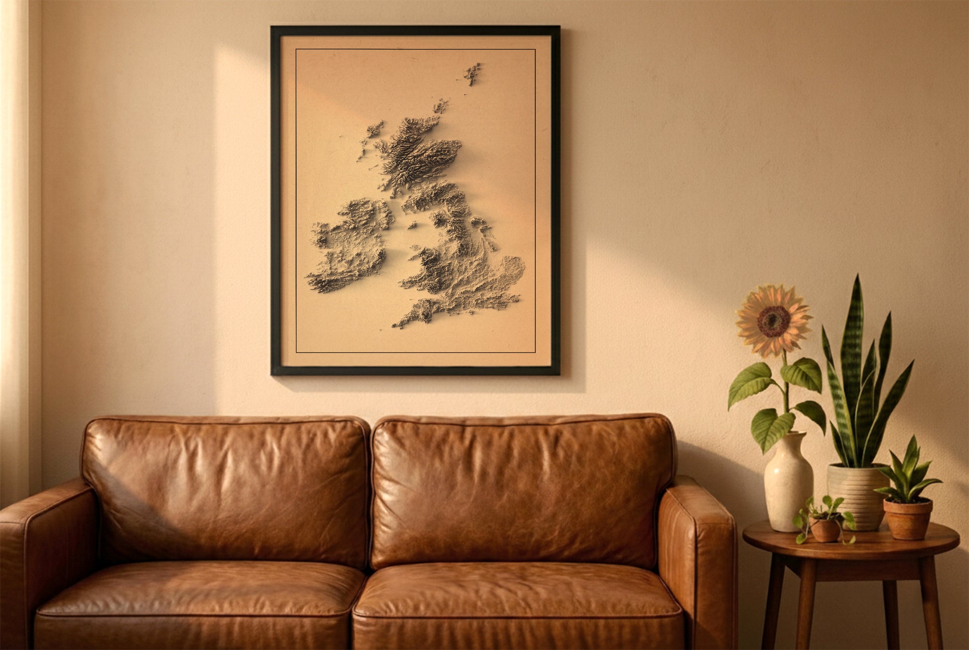 united kingdom and ireland relief map in a black frame above a brown leather sofa. Boho living room with warm sunlight, sunflower, and indoor plants on a wooden side table