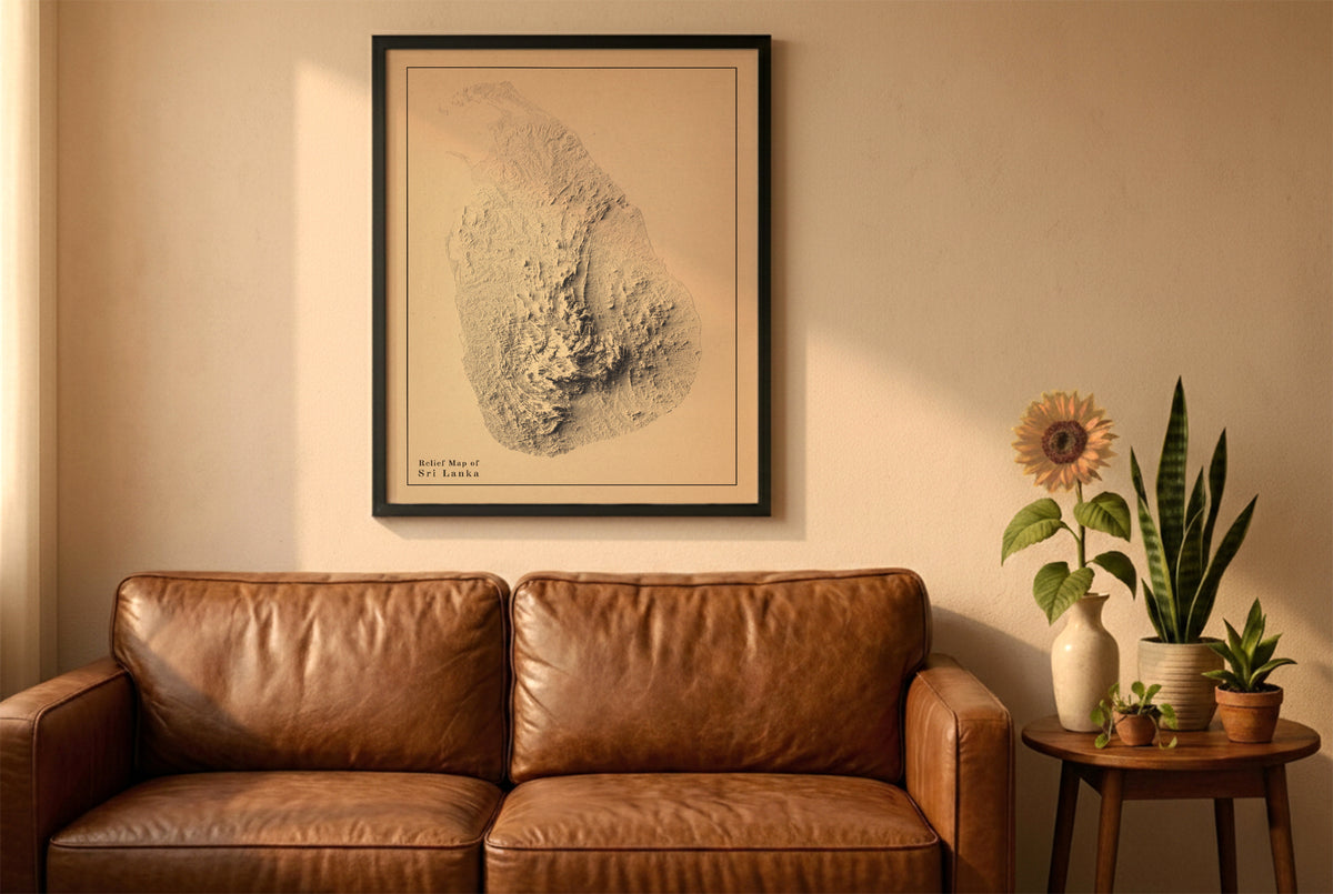 Sri Lanka vintage relief map in a black frame above a brown leather sofa. Boho living room with warm sunlight, sunflower, and indoor plants on a wooden side table