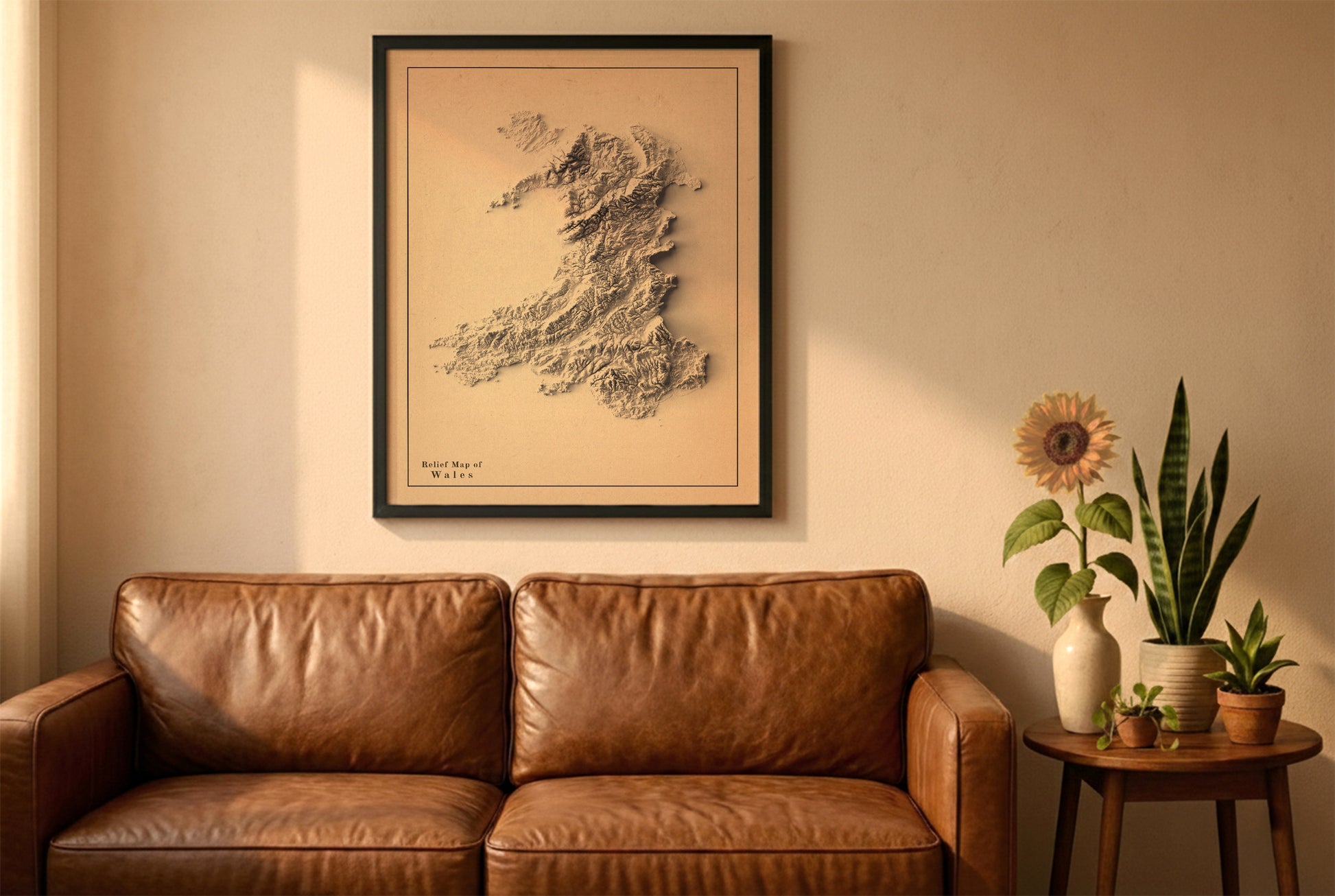 wales relief map in a black frame above a brown leather sofa. Boho living room with warm sunlight, sunflower, and indoor plants on a wooden side table
