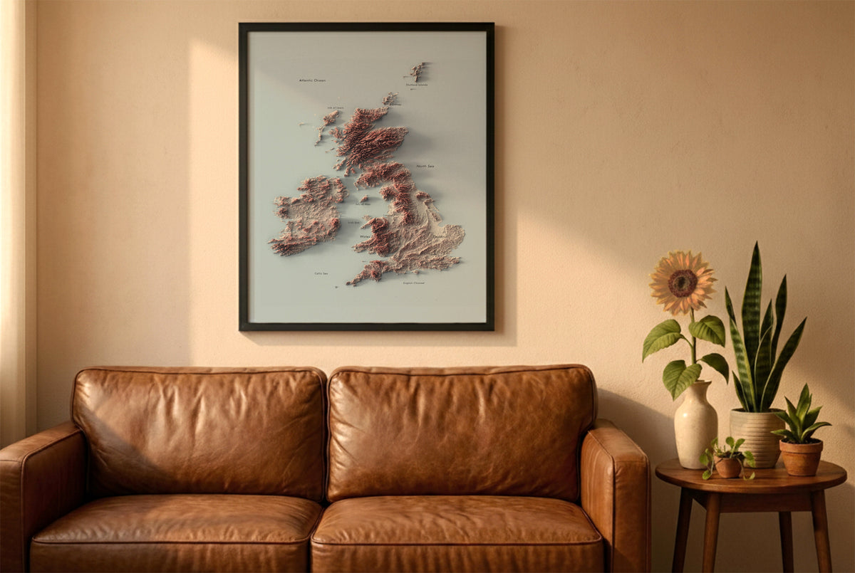 British Isles Labeled Ocean Relief Map | Countries, Capitals, Oceans & Islands | UK Minimalist Map (Cópia)