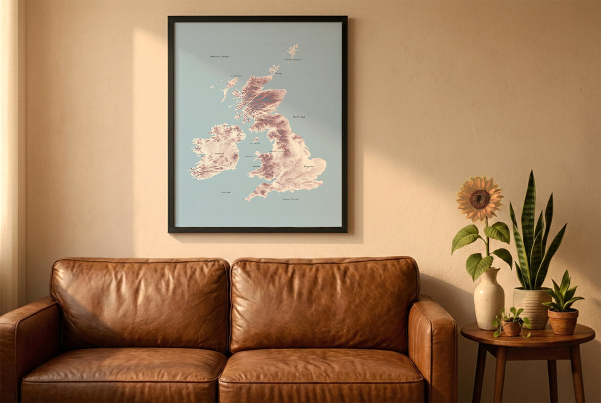 British Isles Labeled Ocean Relief Map | Minimalist British Isles Ocean Relief Map