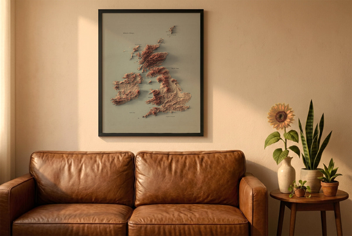 UK and Ireland Labeled Ocean Relief Map | Countries, Capitals, Oceans & Islands | British Islands Minimalist Map