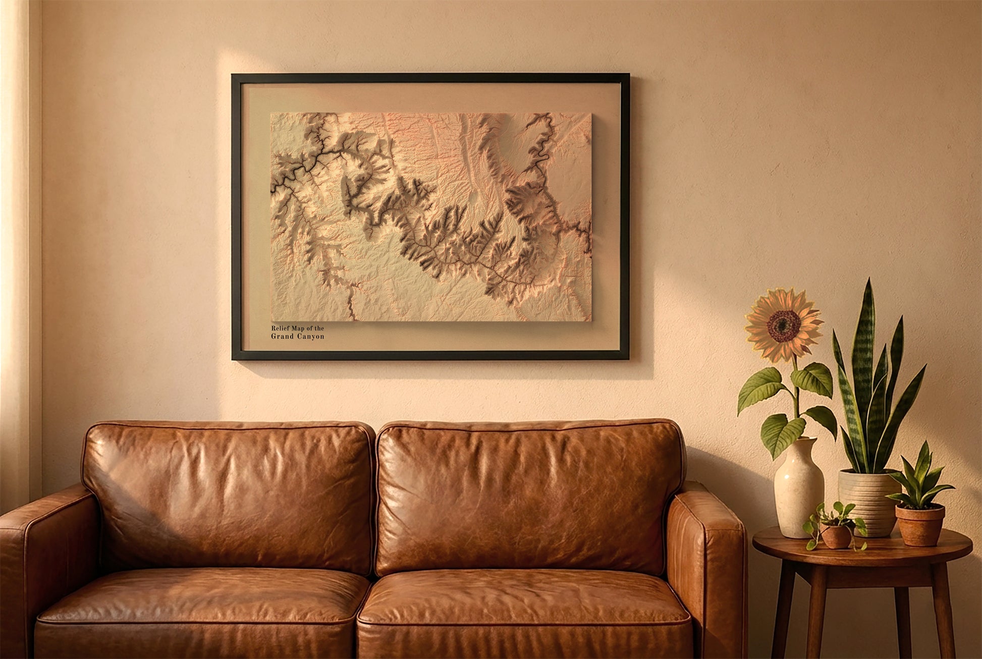 Grand Canyon vintage relief map in a black frame above a brown leather sofa. Boho living room with warm sunlight, sunflower, and indoor plants on a wooden side table