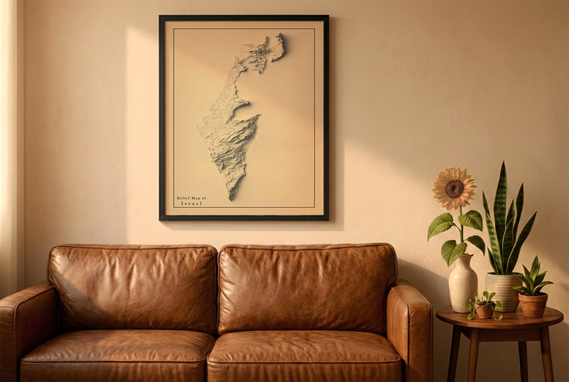 Israel vintage relief map in a black frame above a brown leather sofa. Boho living room with warm sunlight, sunflower, and indoor plants on a wooden side table