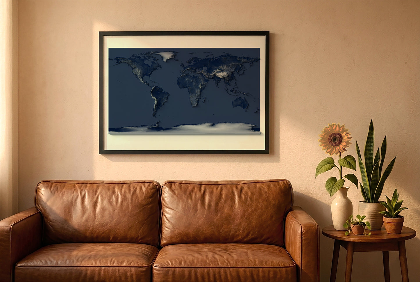 world relief map in a black frame above a brown leather sofa. Boho living room with warm sunlight, sunflower, and indoor plants on a wooden side table