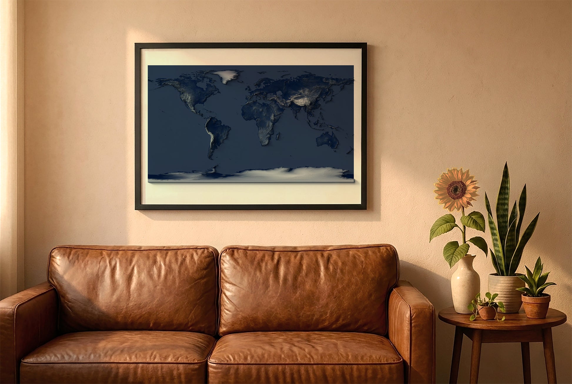 world relief map in a black frame above a brown leather sofa. Boho living room with warm sunlight, sunflower, and indoor plants on a wooden side table