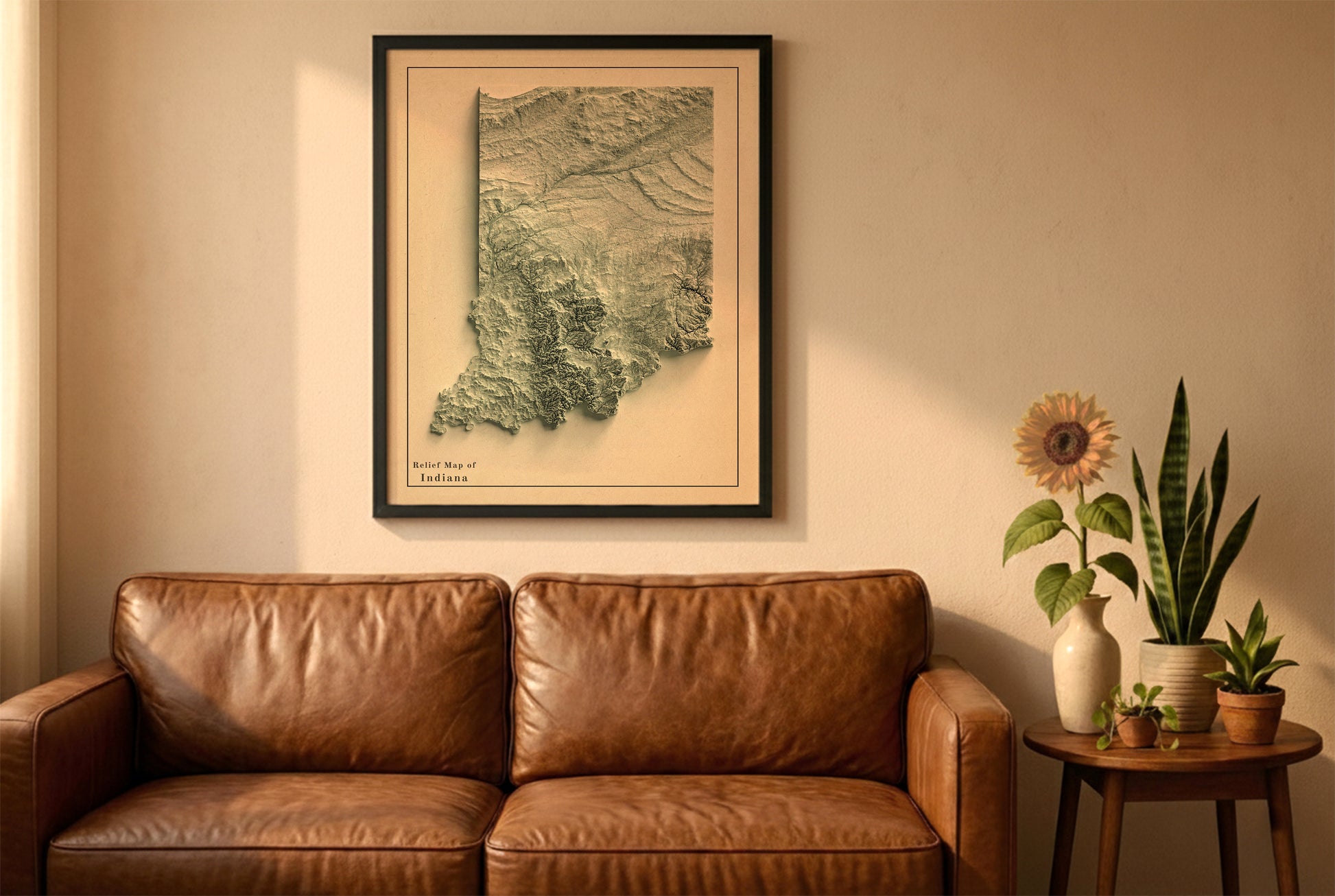 Indiana vintage relief map in a black frame above a brown leather sofa. Boho living room with warm sunlight, sunflower, and indoor plants on a wooden side table