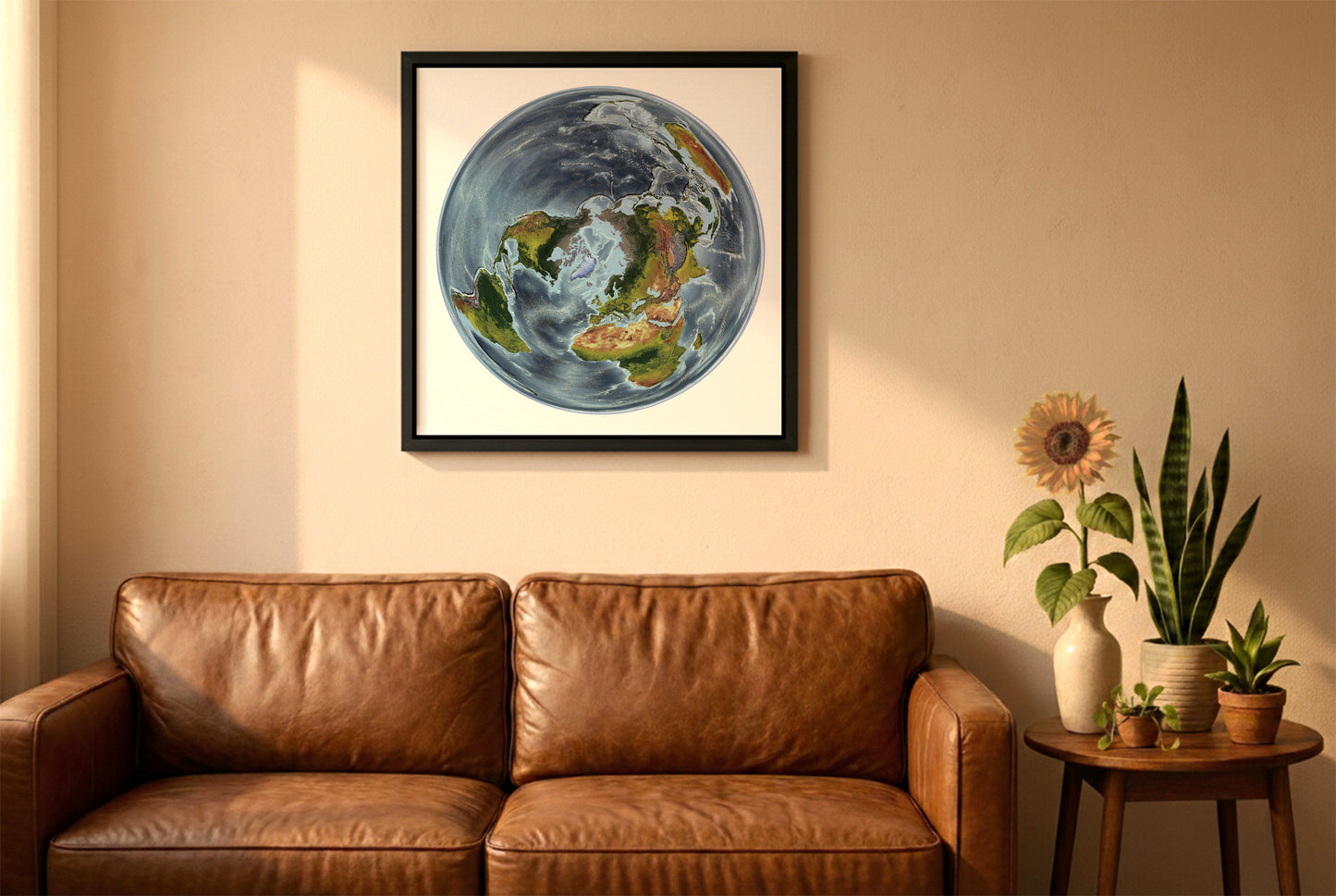 World relief map in WGS 1984 Grid North projection in a black frame above a brown leather sofa. Boho living room with warm sunlight, sunflower, and indoor plants on a wooden side table