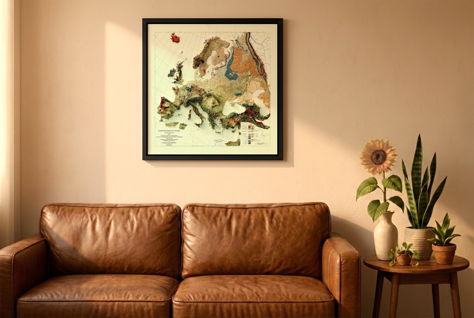 Europe vintage relief map in a black frame above a brown leather sofa. Boho living room with warm sunlight, sunflower, and indoor plants on a wooden side table