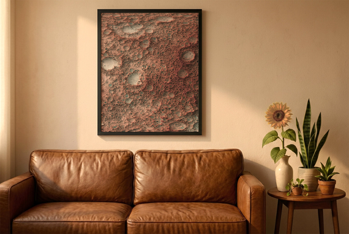 Moon relief map in a black frame above a brown leather sofa. Boho living room with warm sunlight, sunflower, and indoor plants on a wooden side table