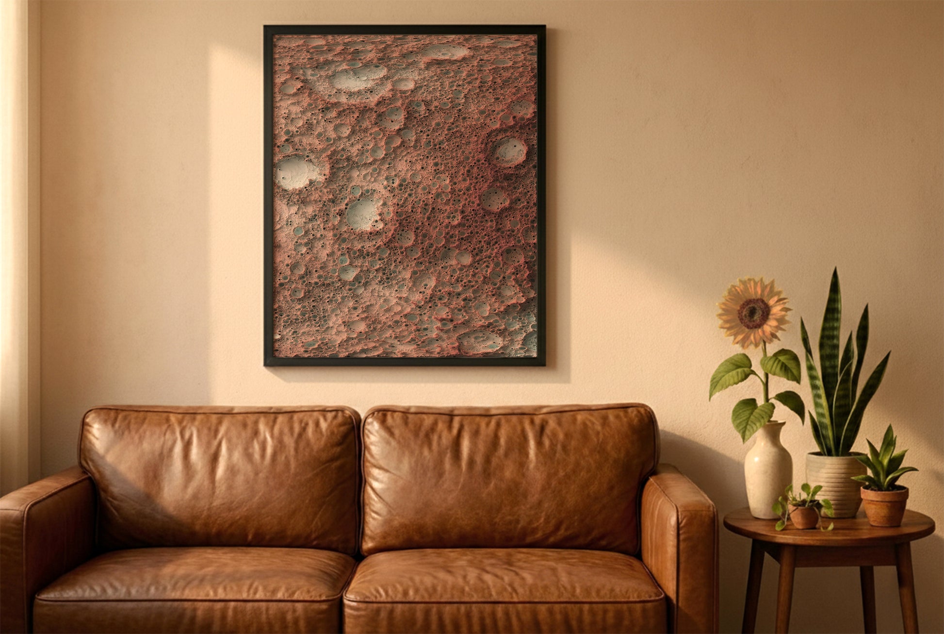 Moon relief map in a black frame above a brown leather sofa. Boho living room with warm sunlight, sunflower, and indoor plants on a wooden side table