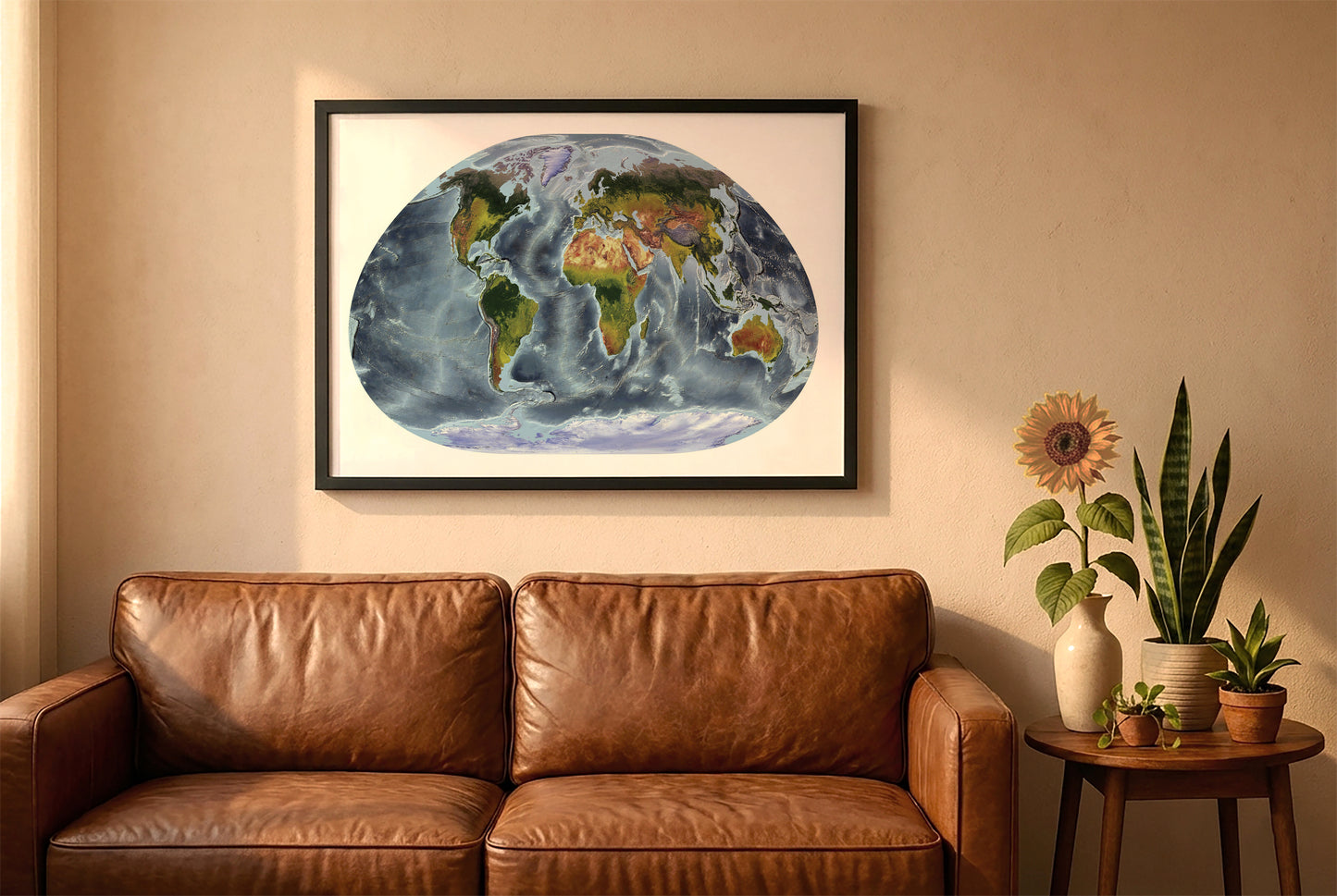 World relief map in loximuthal projection in a black frame above a brown leather sofa. Boho living room with warm sunlight, sunflower, and indoor plants on a wooden side table