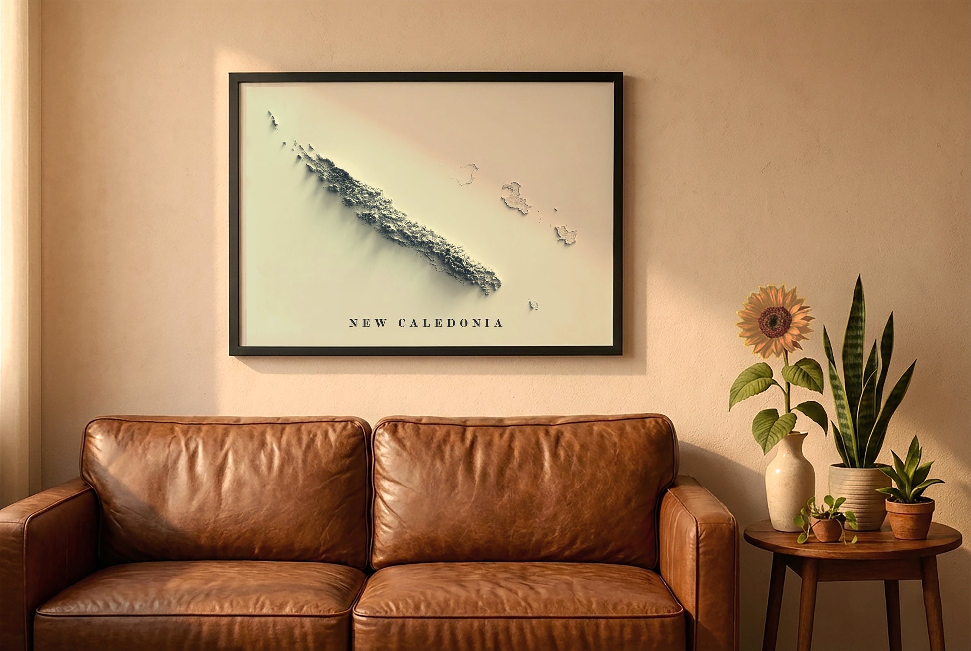 New Caledonia relief map in a black frame above a brown leather sofa. Boho living room with warm sunlight, sunflower, and indoor plants on a wooden side table
