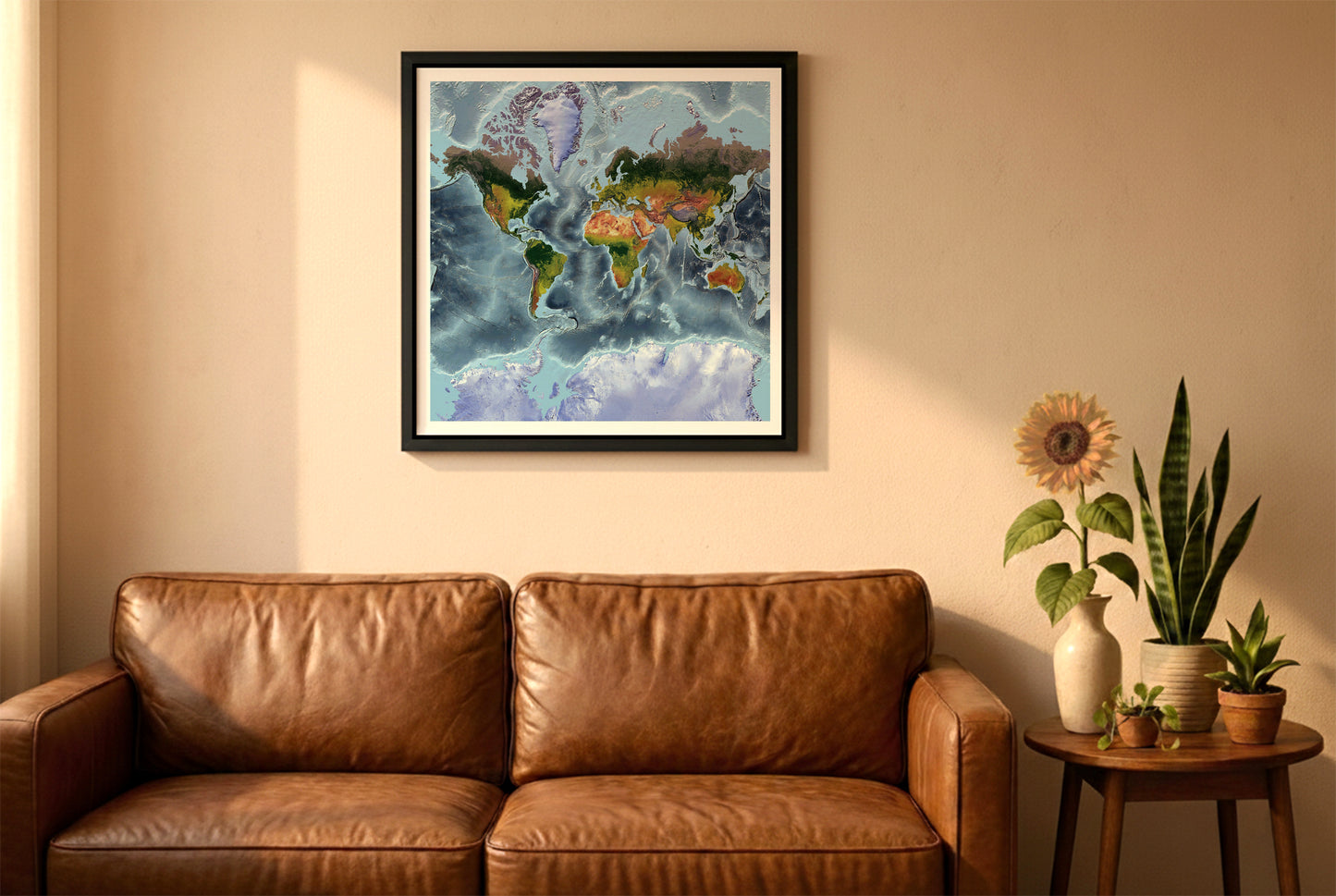 World relief map in mercator projection in a black frame above a brown leather sofa. Boho living room with warm sunlight, sunflower, and indoor plants on a wooden side table