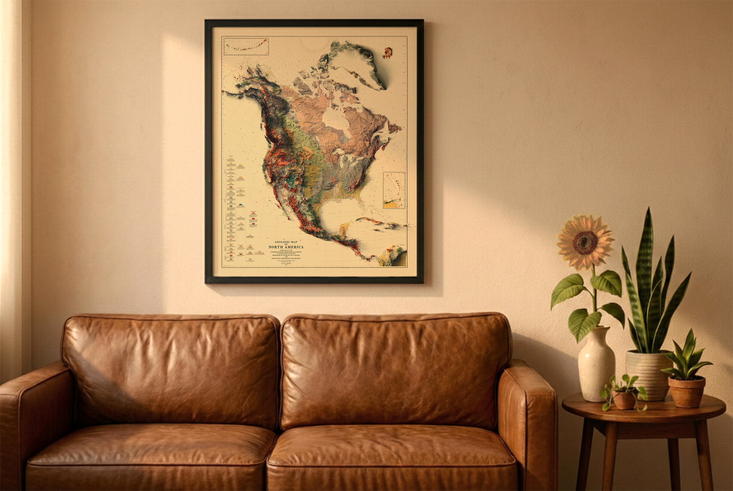North America, Central America, vintage relief map in a black frame above a brown leather sofa. Boho living room with warm sunlight, sunflower, and indoor plants on a wooden side table