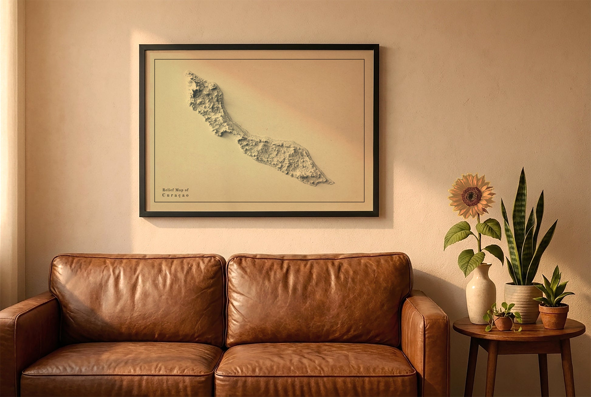 Curaçao vintage relief map in a black frame above a brown leather sofa. Boho living room with warm sunlight, sunflower, and indoor plants on a wooden side table