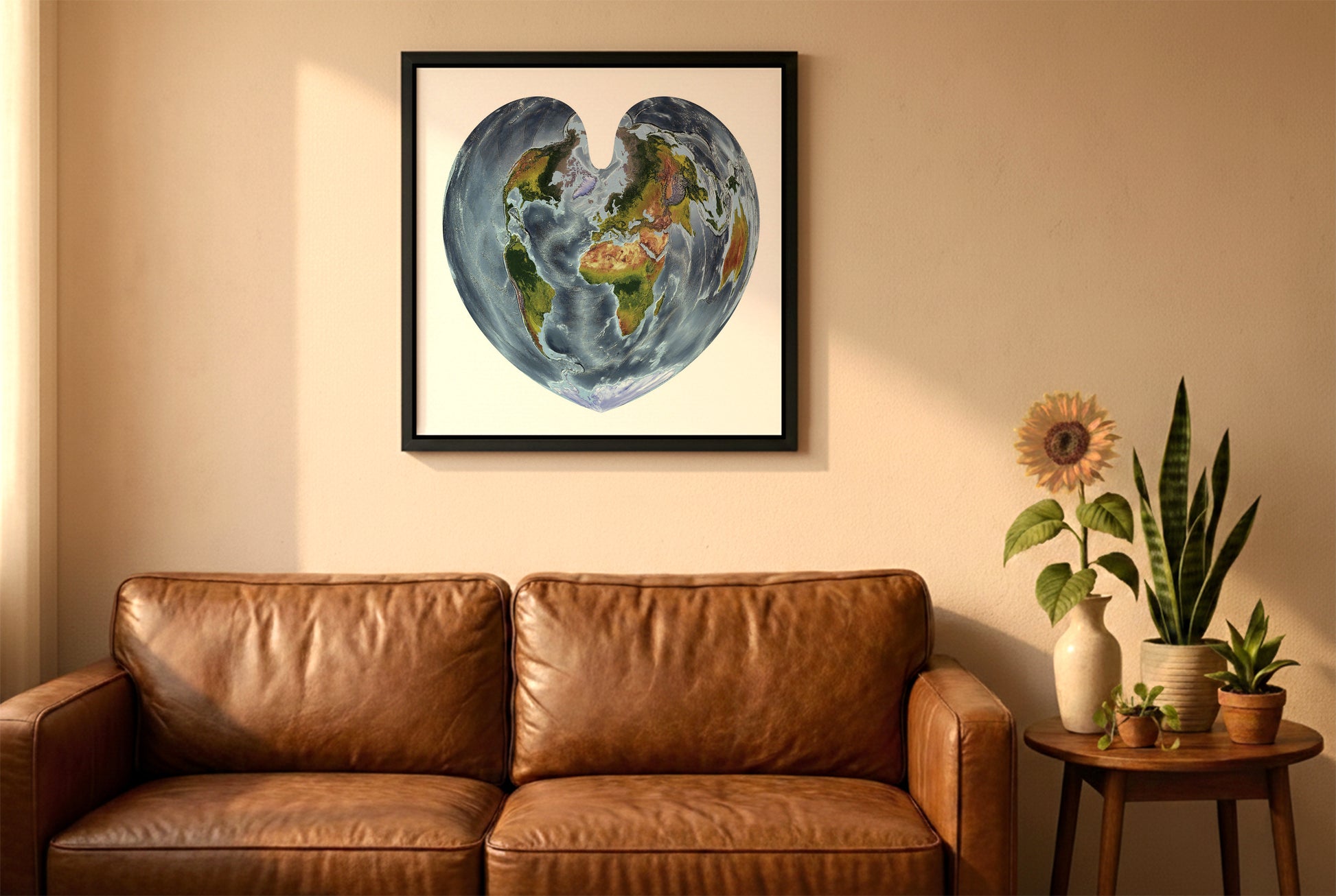 World relief map in boone projection in a black frame above a brown leather sofa. Boho living room with warm sunlight, sunflower, and indoor plants on a wooden side table