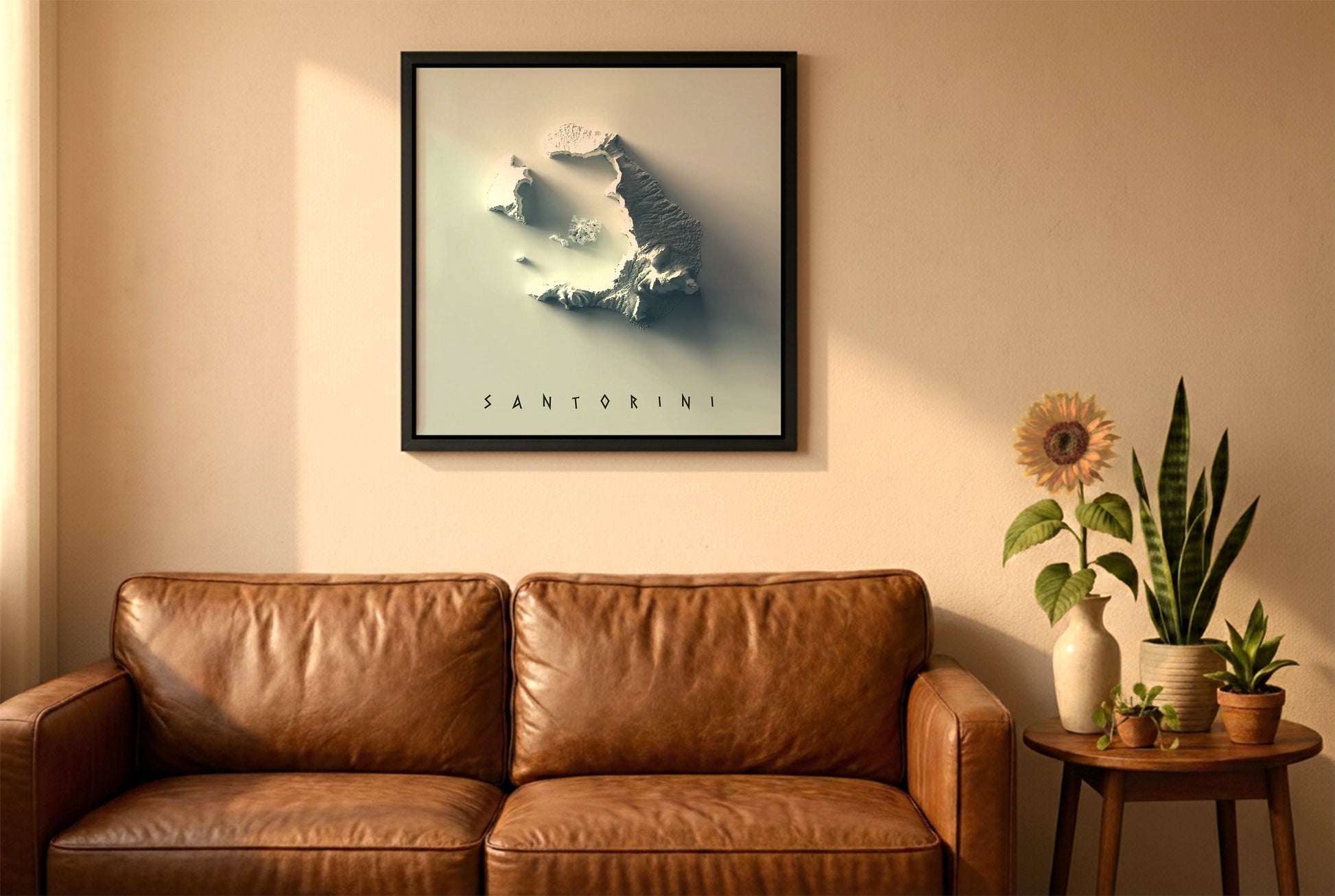 Santorini, Greece, relief map in a black frame above a brown leather sofa. Boho living room with warm sunlight, sunflower, and indoor plants on a wooden side table