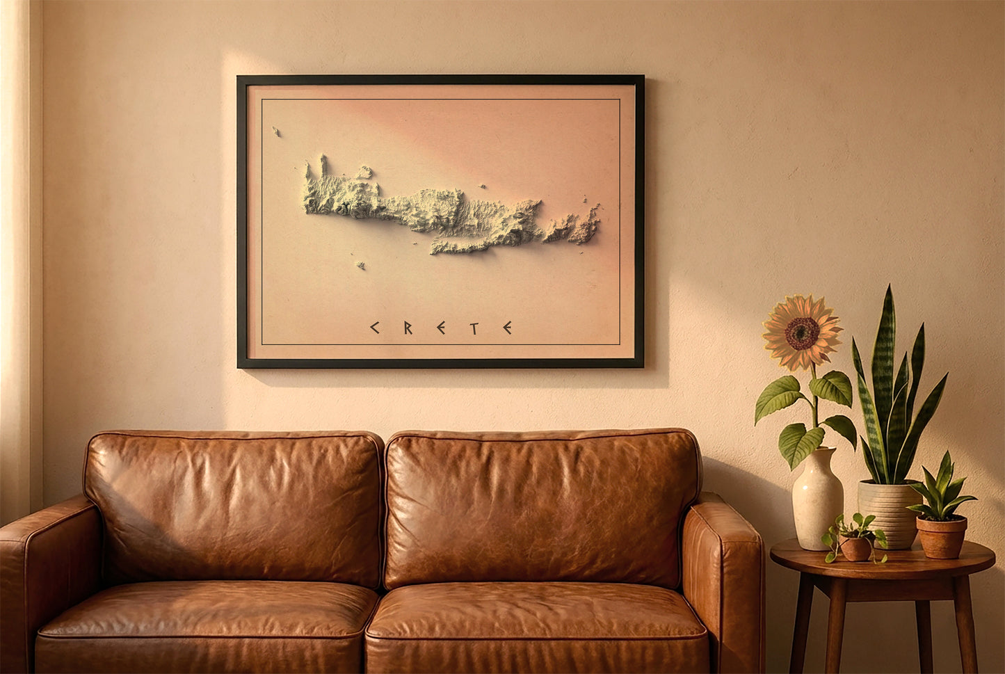 Crete, Greece, vintage relief map in a black frame above a brown leather sofa. Boho living room with warm sunlight, sunflower, and indoor plants on a wooden side table