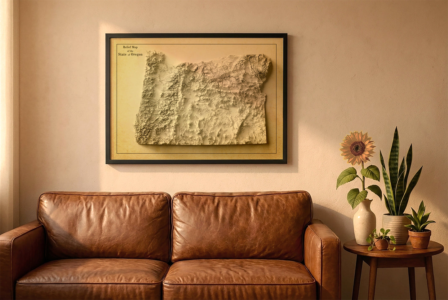Oregon vintage relief map in a black frame above a brown leather sofa. Boho living room with warm sunlight, sunflower, and indoor plants on a wooden side table