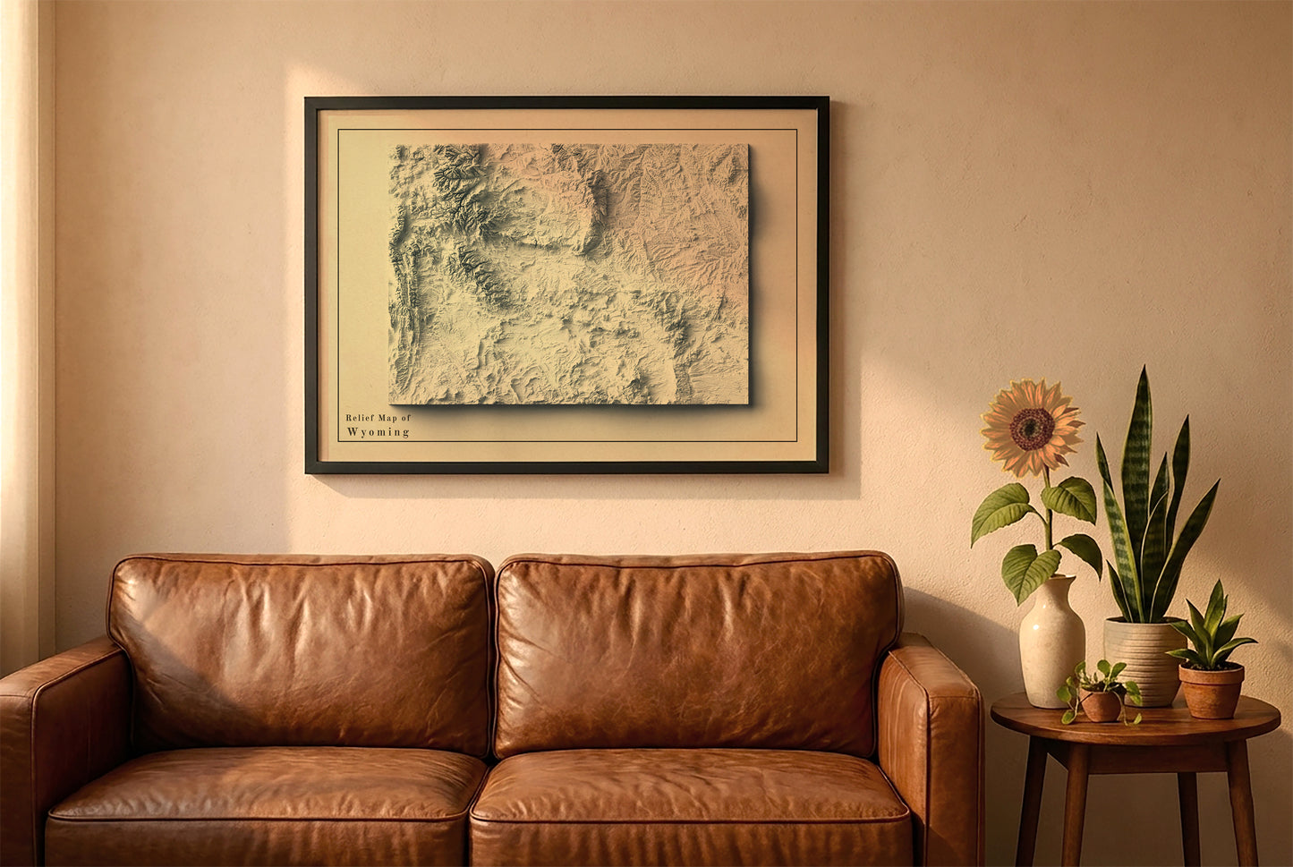 Wyoming vintage relief map in a black frame above a brown leather sofa. Boho living room with warm sunlight, sunflower, and indoor plants on a wooden side table