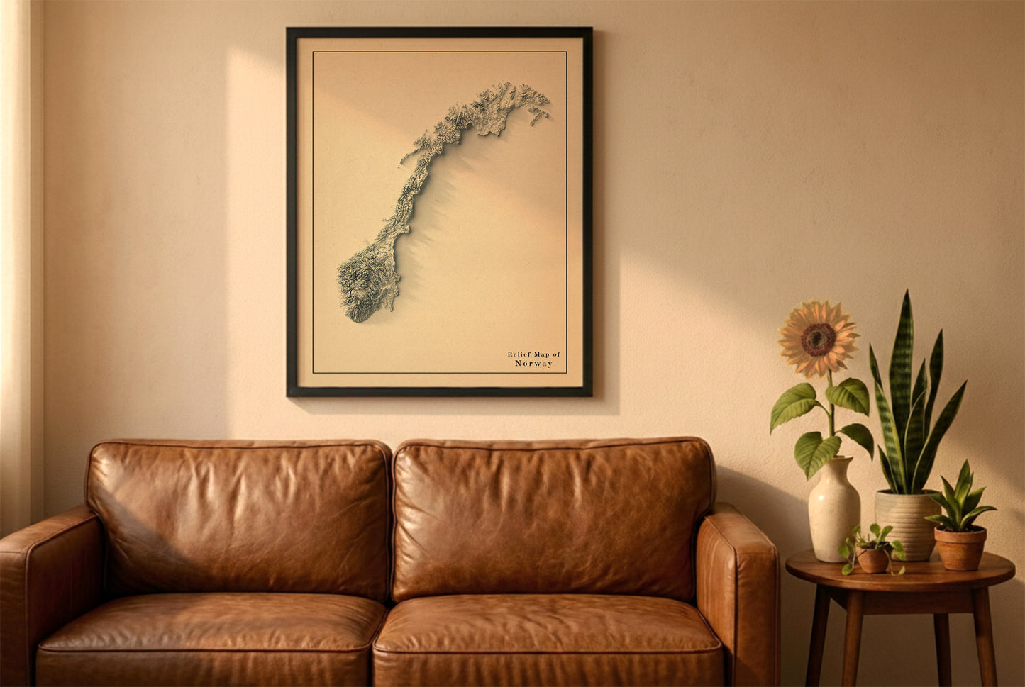 Norway vintage relief map in a black frame above a brown leather sofa. Boho living room with warm sunlight, sunflower, and indoor plants on a wooden side table
