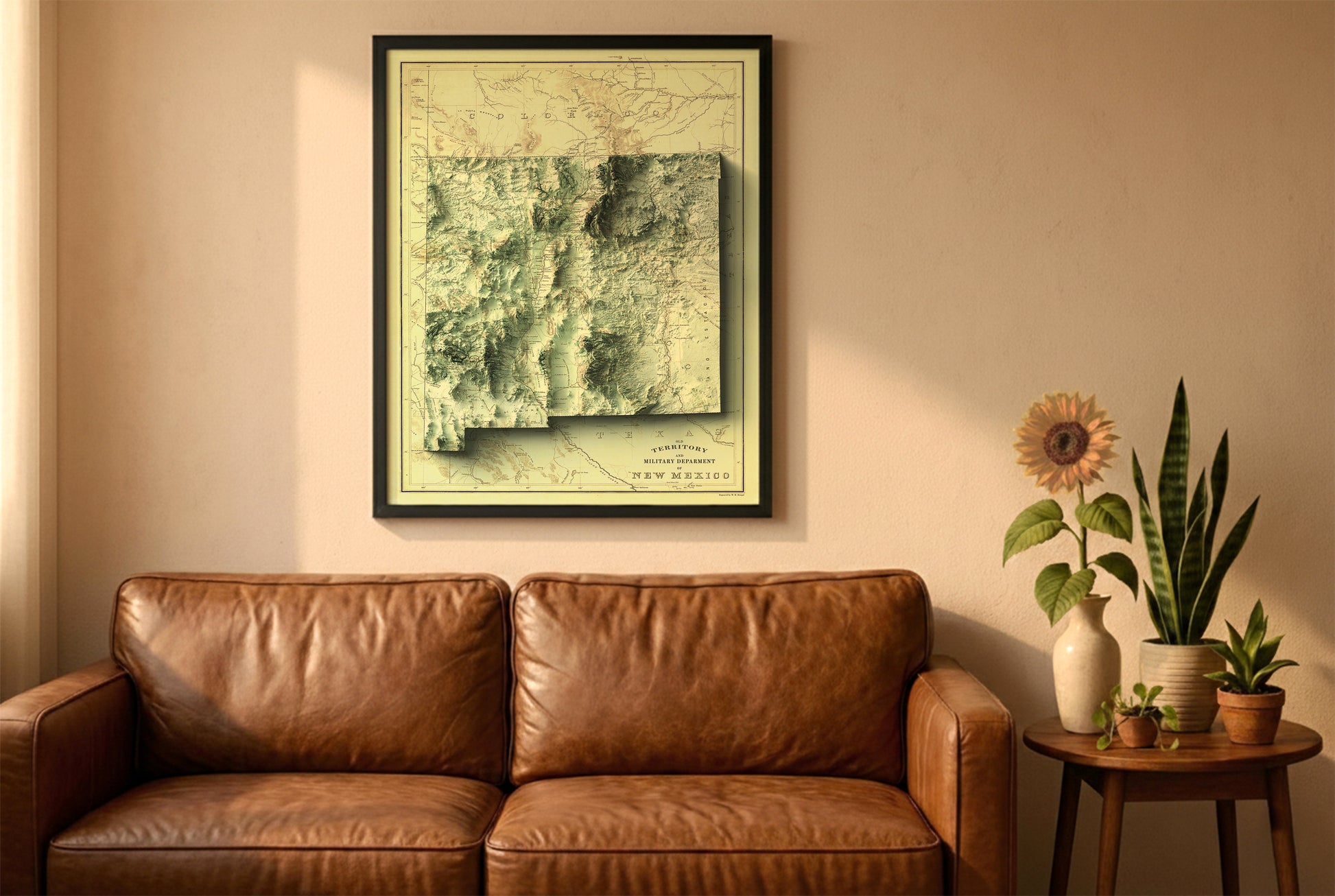 New Mexico vintage relief map in a black frame above a brown leather sofa. Boho living room with warm sunlight, sunflower, and indoor plants on a wooden side table