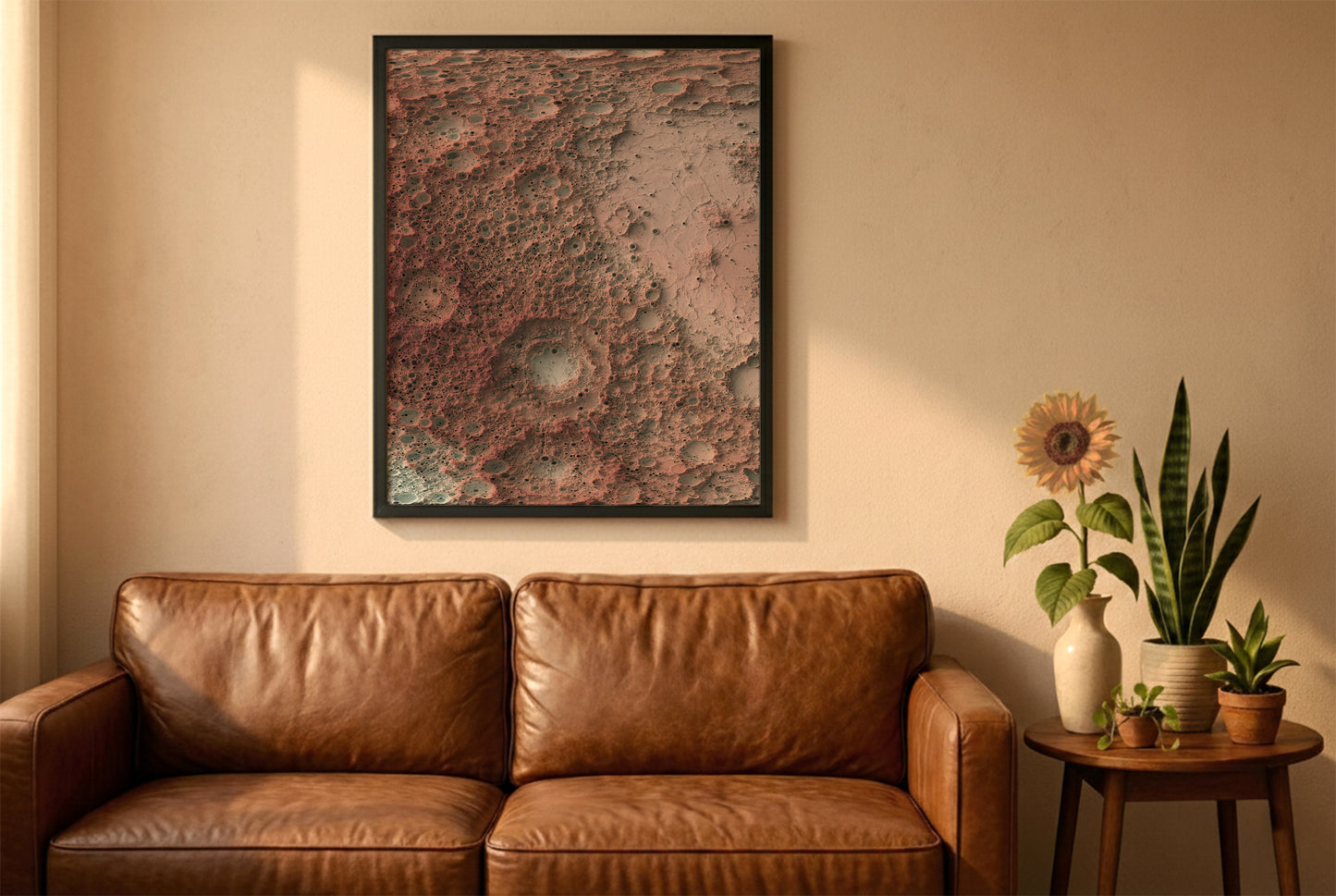 Moon relief map in a black frame above a brown leather sofa. Boho living room with warm sunlight, sunflower, and indoor plants on a wooden side table