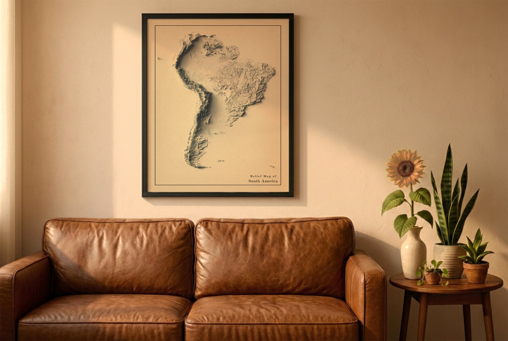South America vintage relief map in a black frame above a brown leather sofa. Boho living room with warm sunlight, sunflower, and indoor plants on a wooden side table