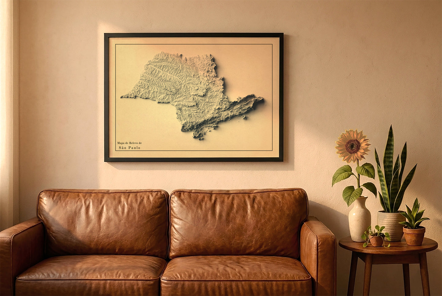 Sao Paulo, Brazil, vintage relief map in a black frame above a brown leather sofa. Boho living room with warm sunlight, sunflower, and indoor plants on a wooden side table