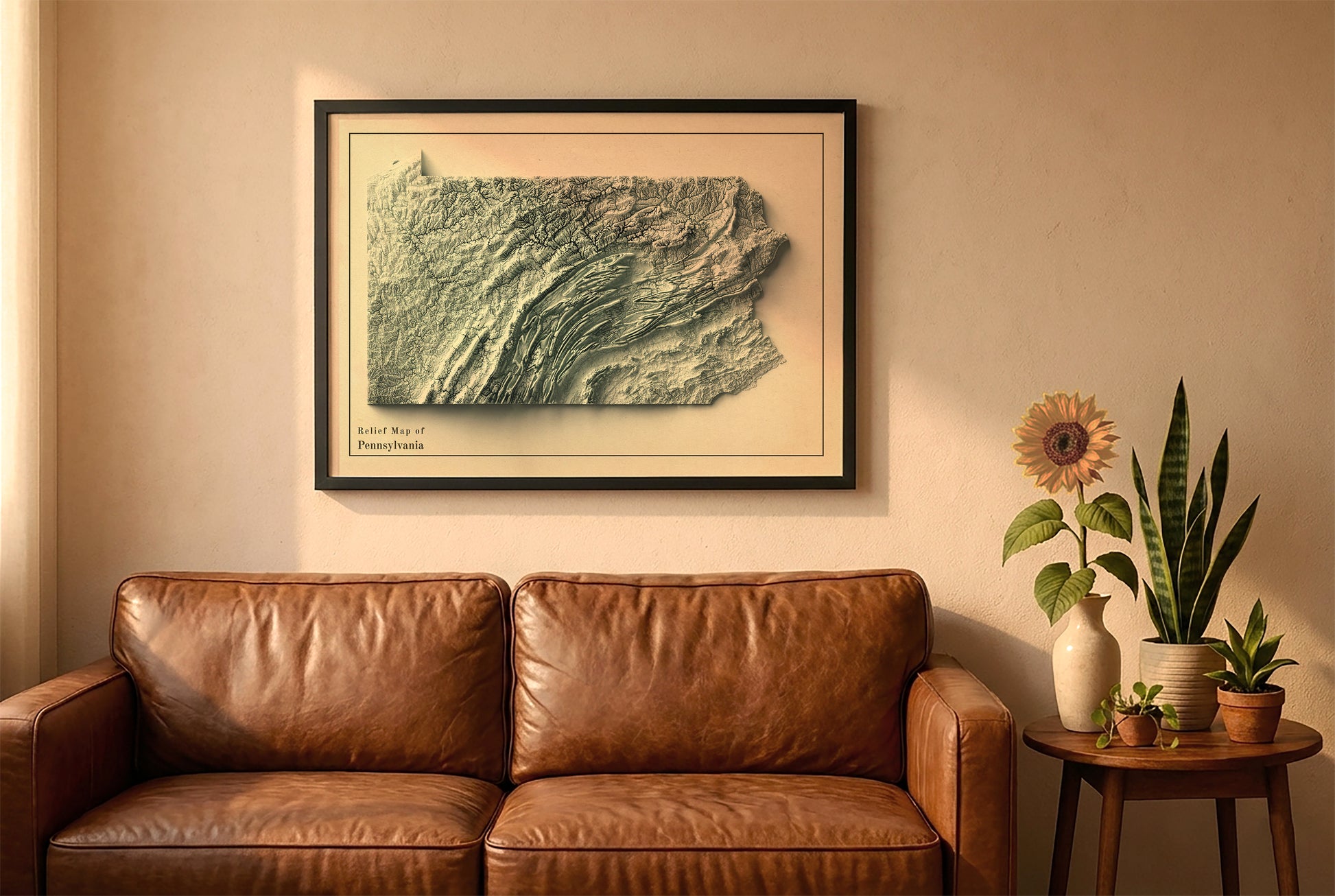 Pennsylvania vintage relief map in a black frame above a brown leather sofa. Boho living room with warm sunlight, sunflower, and indoor plants on a wooden side table