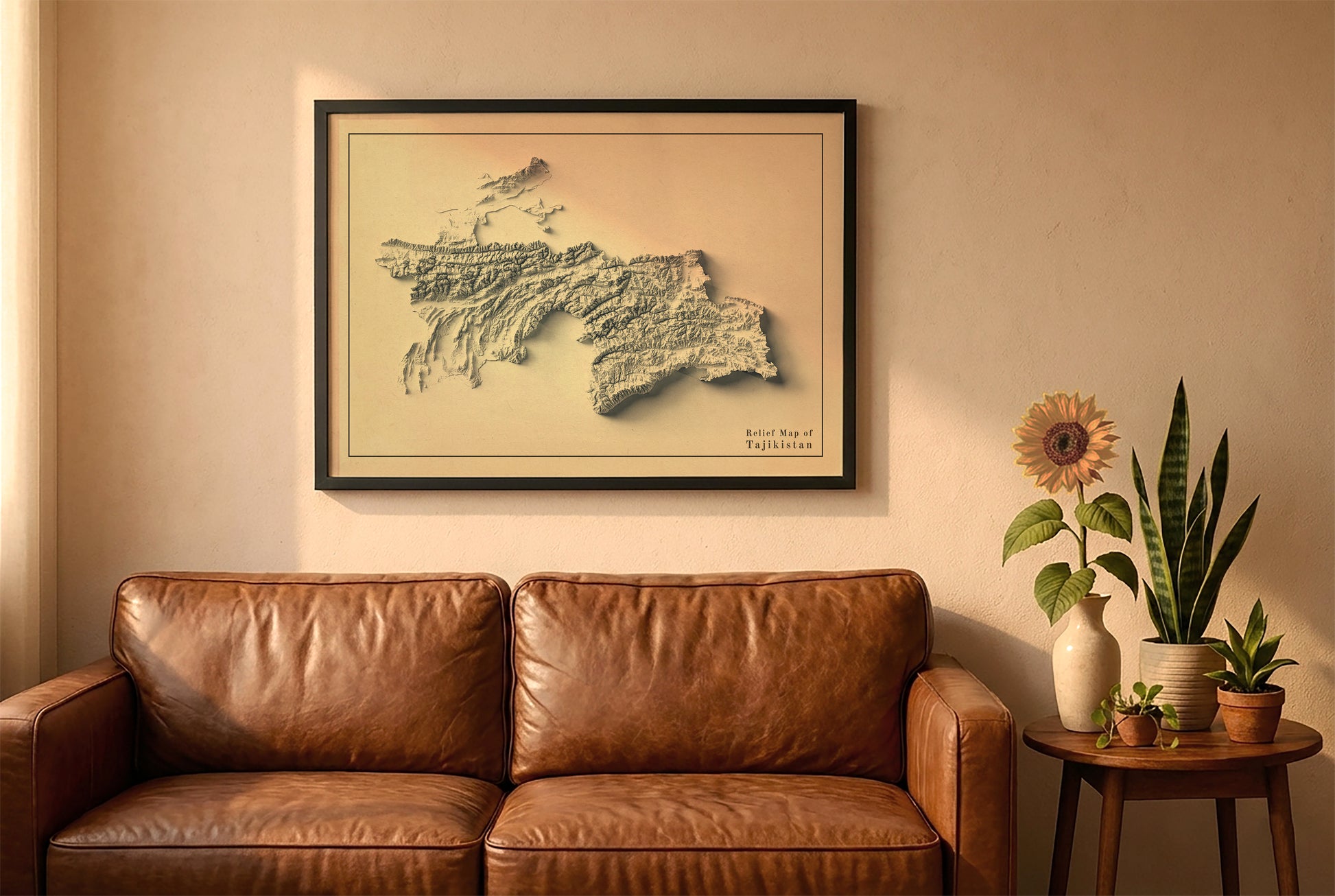 Tajikistan vintage relief map in a black frame above a brown leather sofa. Boho living room with warm sunlight, sunflower, and indoor plants on a wooden side table