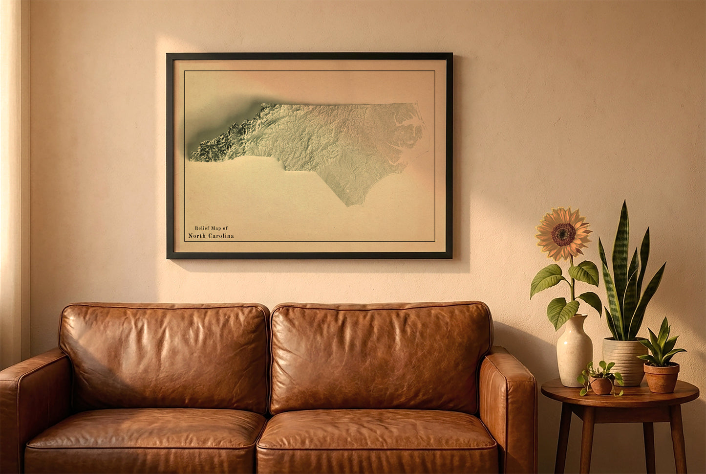 North Carolina vintage relief map in a black frame above a brown leather sofa. Boho living room with warm sunlight, sunflower, and indoor plants on a wooden side table