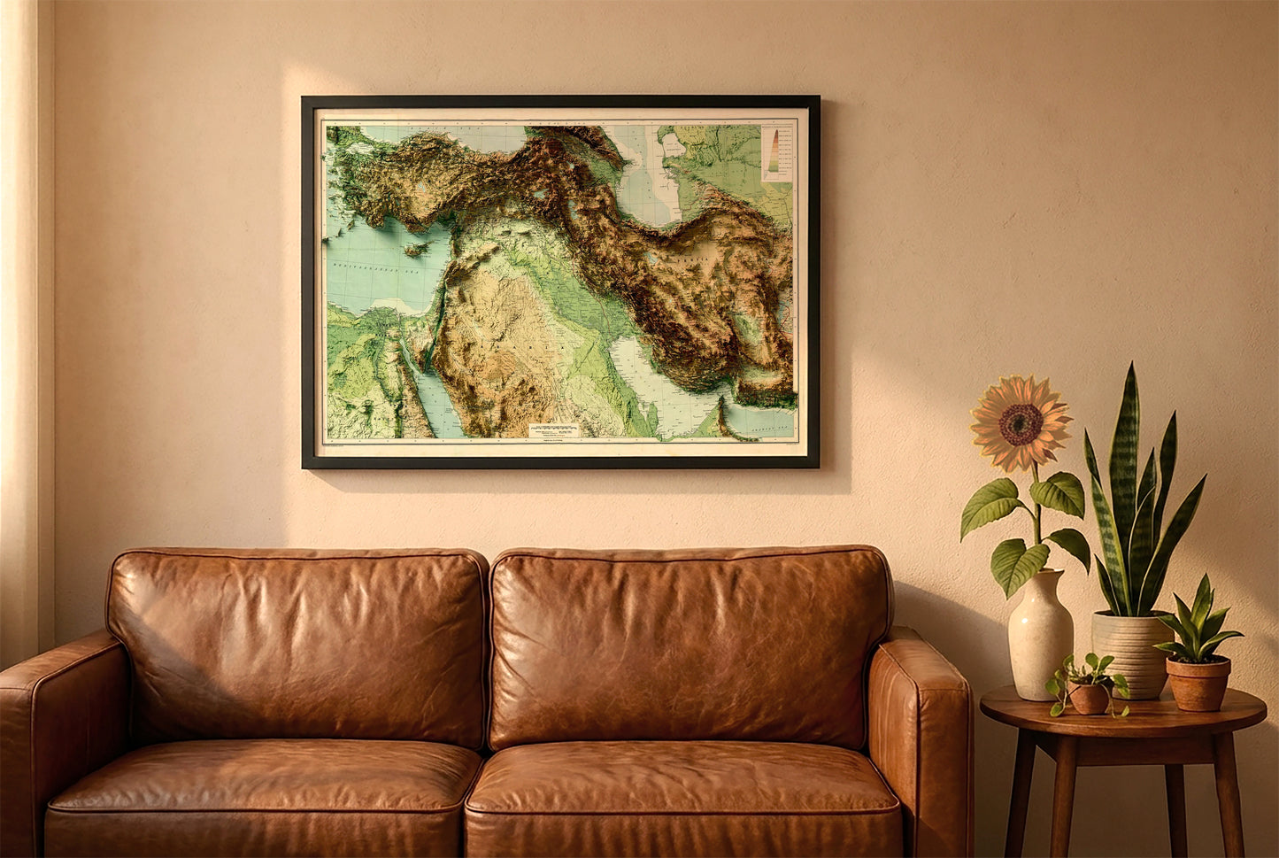 Persia vintage relief map in a black frame above a brown leather sofa. Boho living room with warm sunlight, sunflower, and indoor plants on a wooden side table