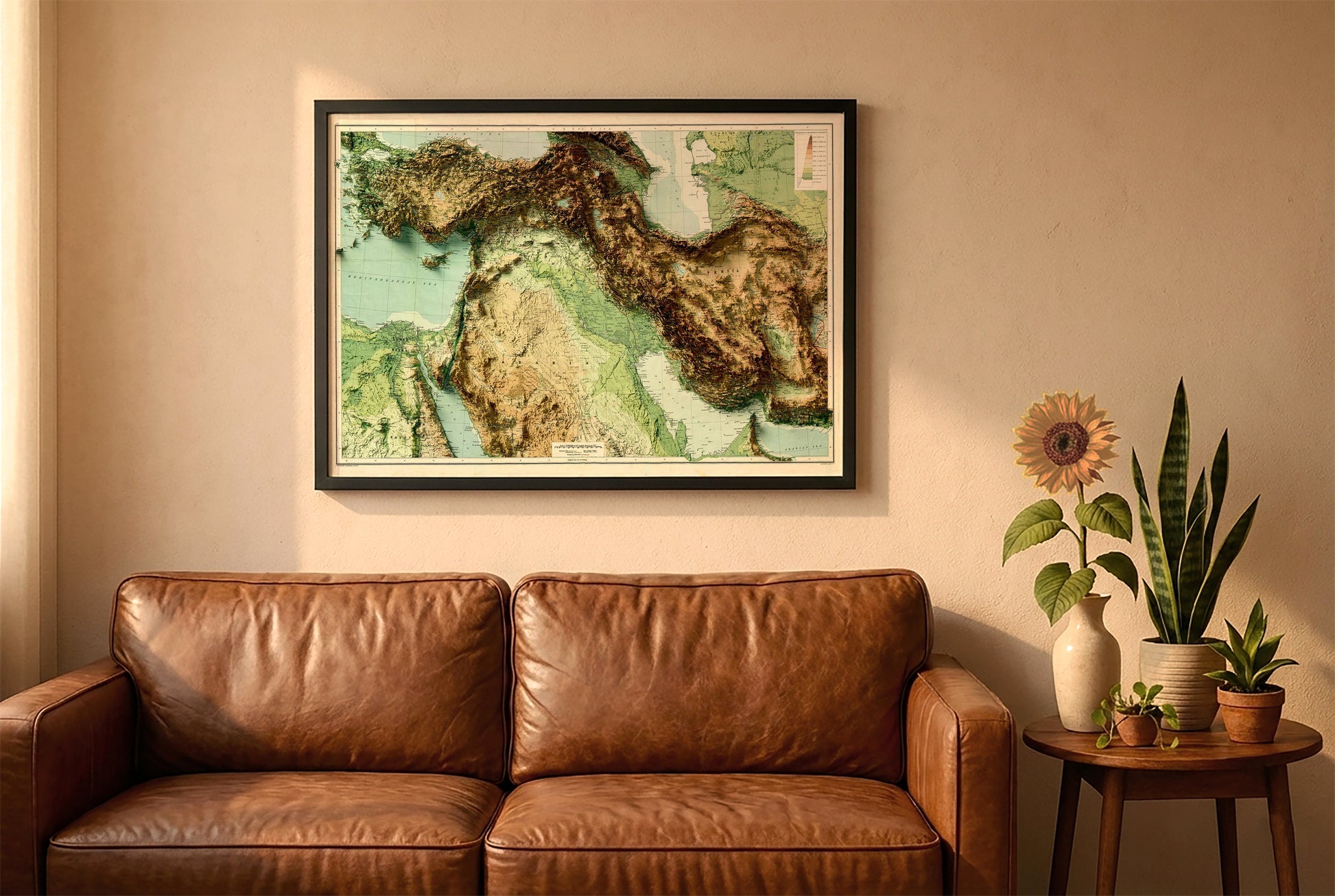 Persia vintage relief map in a black frame above a brown leather sofa. Boho living room with warm sunlight, sunflower, and indoor plants on a wooden side table