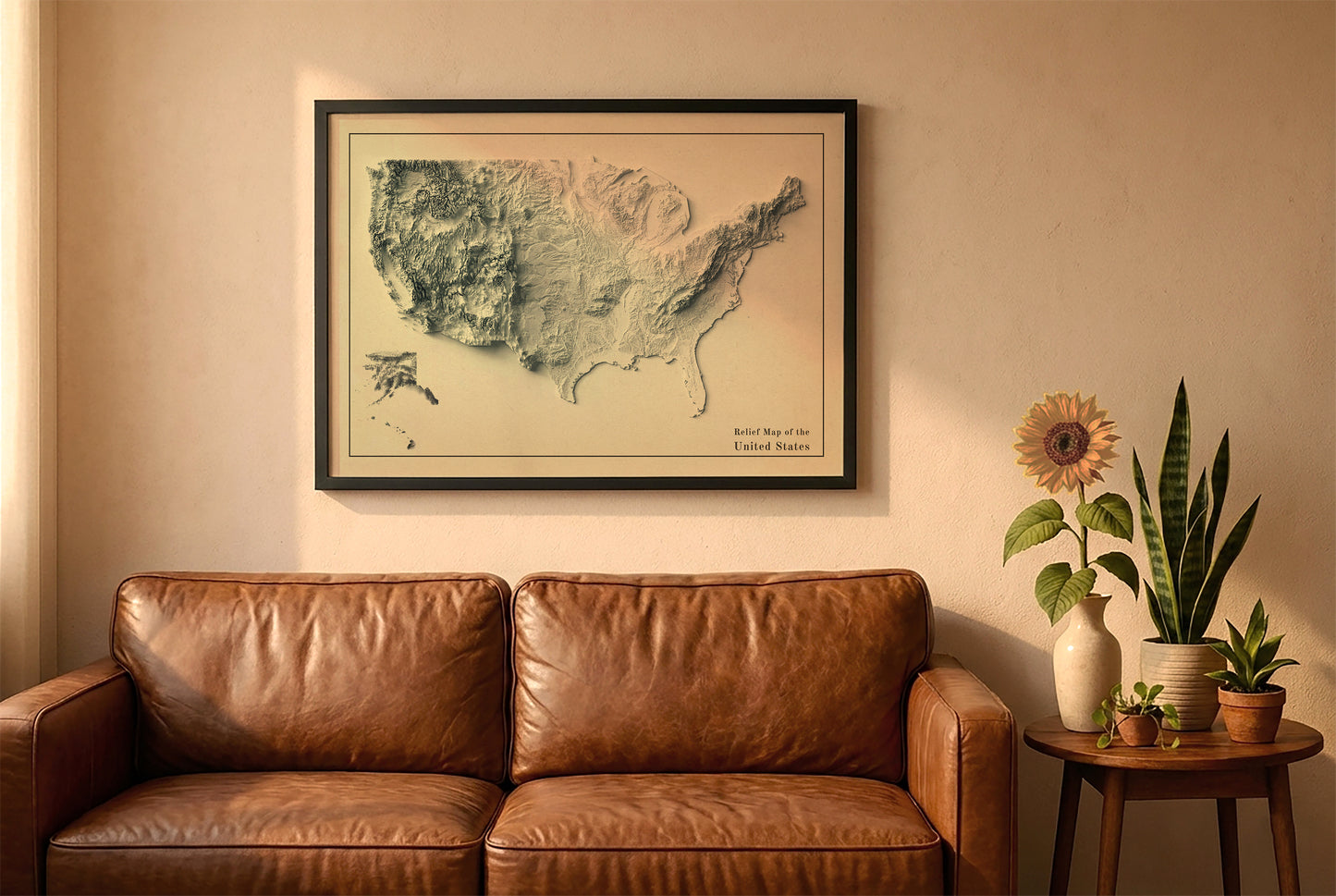 United States vintage relief map in a black frame above a brown leather sofa. Boho living room with warm sunlight, sunflower, and indoor plants on a wooden side table
