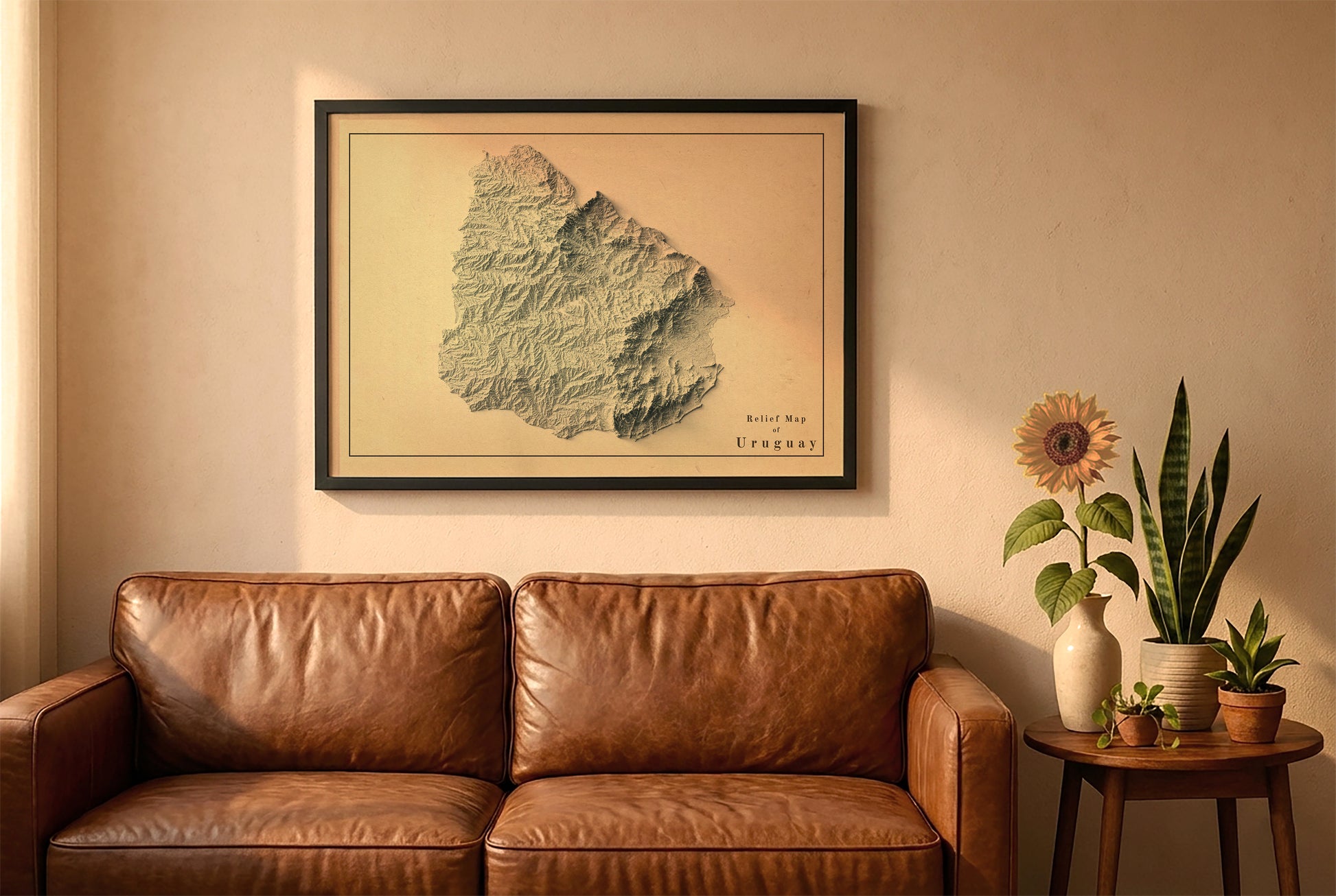 Uruguay vintage relief map in a black frame above a brown leather sofa. Boho living room with warm sunlight, sunflower, and indoor plants on a wooden side table