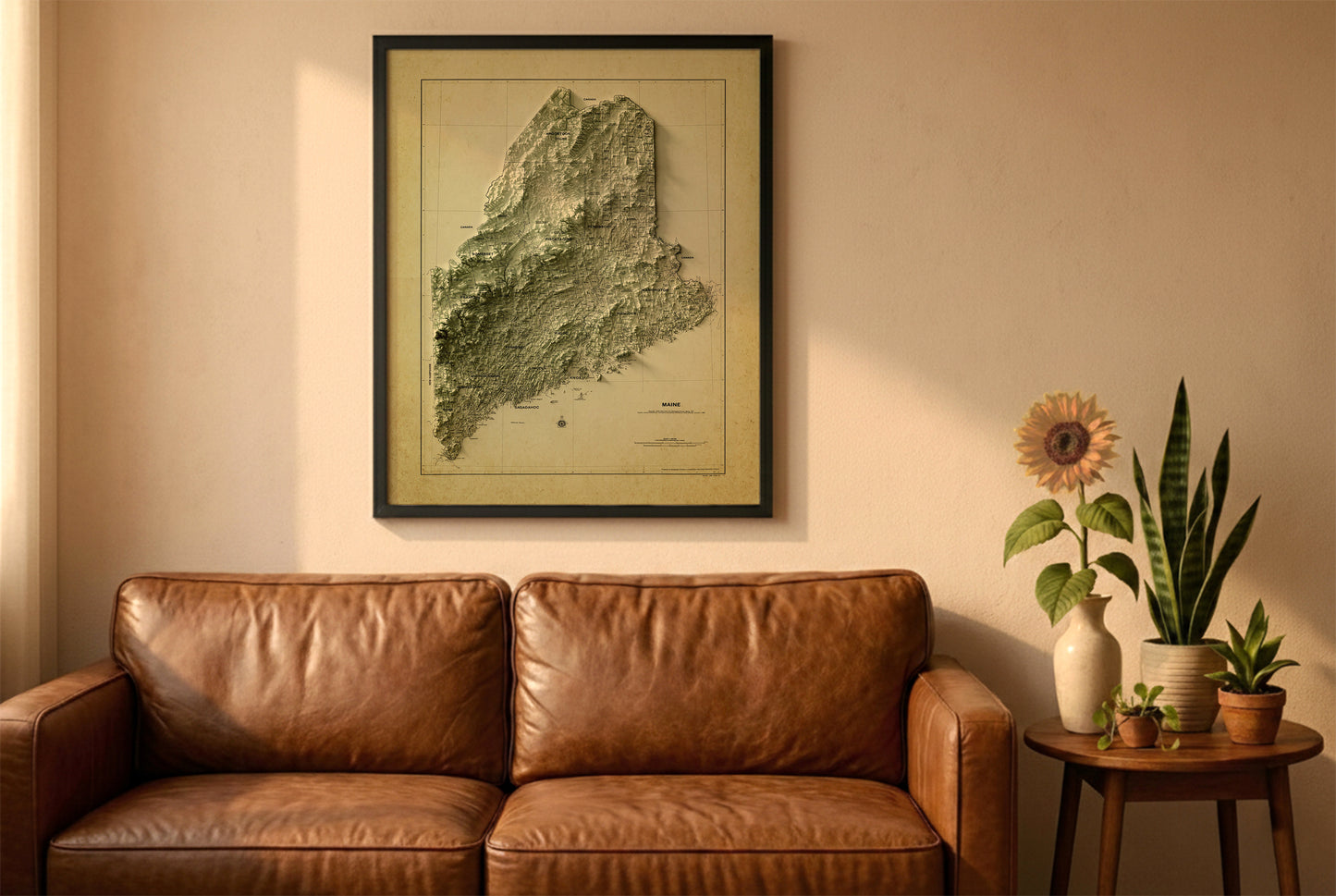 Maine vintage relief map in a black frame above a brown leather sofa. Boho living room with warm sunlight, sunflower, and indoor plants on a wooden side table