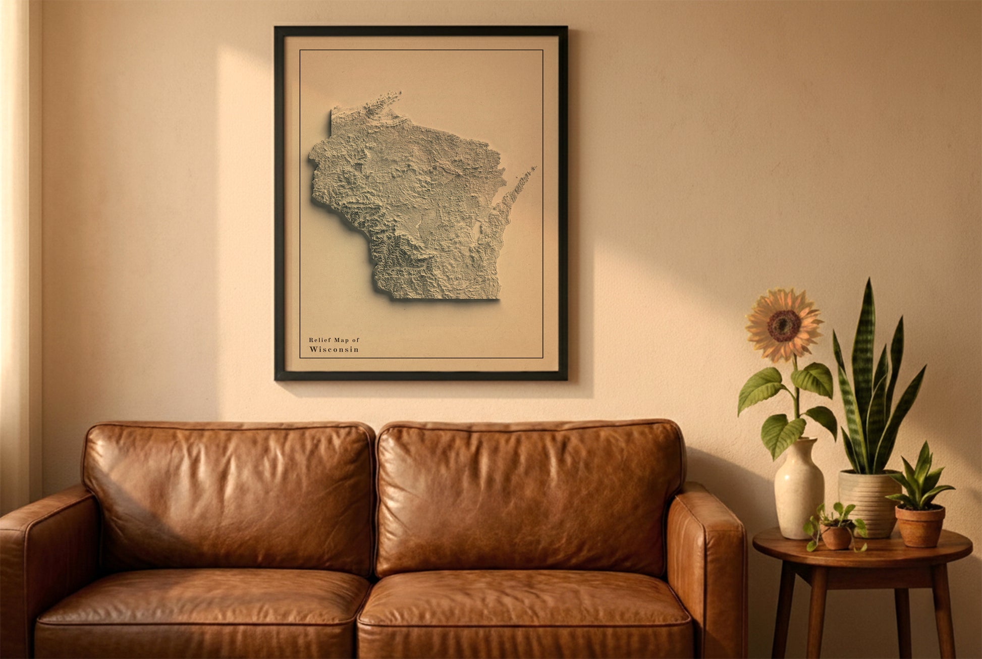 Wisconsin vintage relief map in a black frame above a brown leather sofa. Boho living room with warm sunlight, sunflower, and indoor plants on a wooden side table