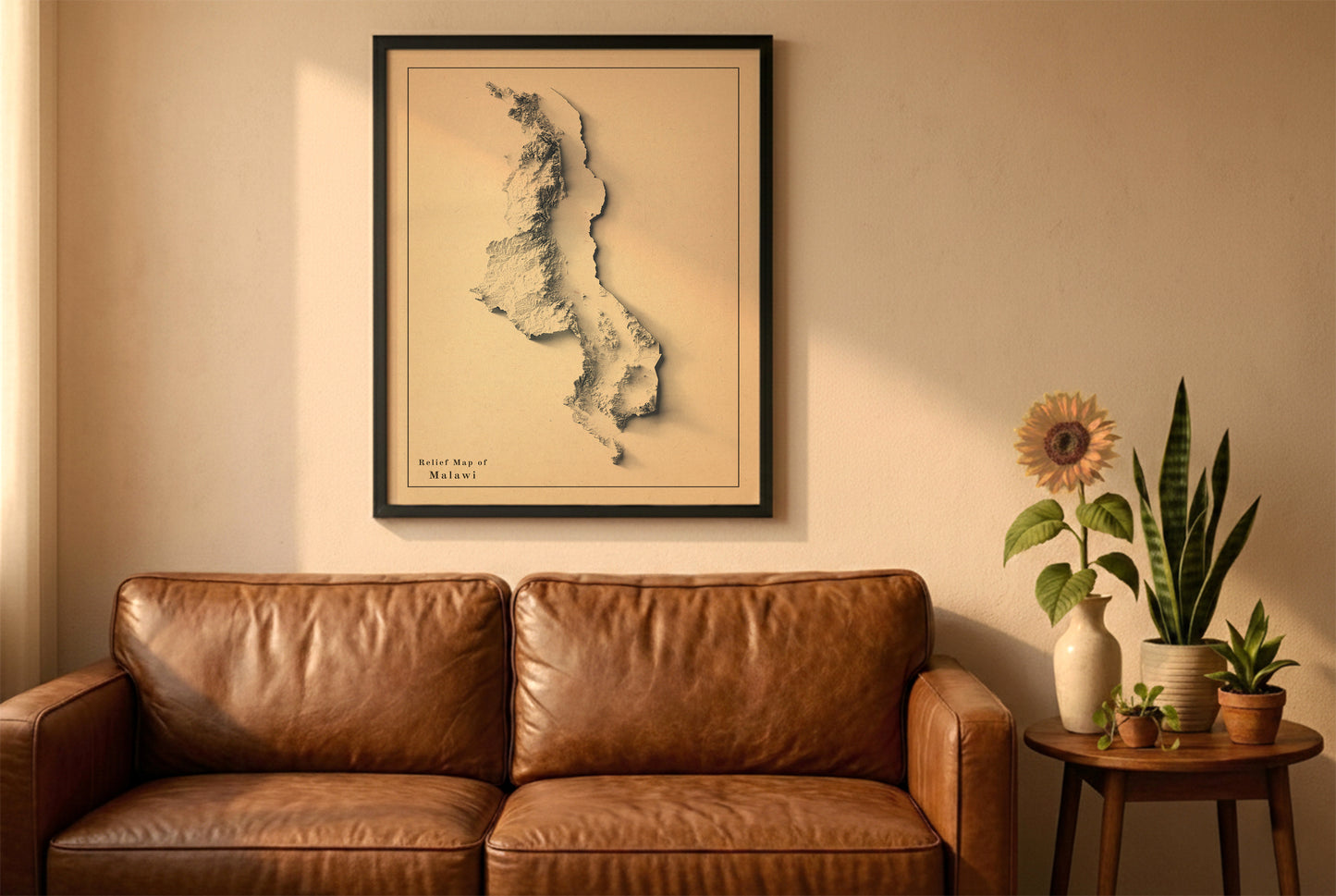 Malawi vintage relief map in a black frame above a brown leather sofa. Boho living room with warm sunlight, sunflower, and indoor plants on a wooden side table