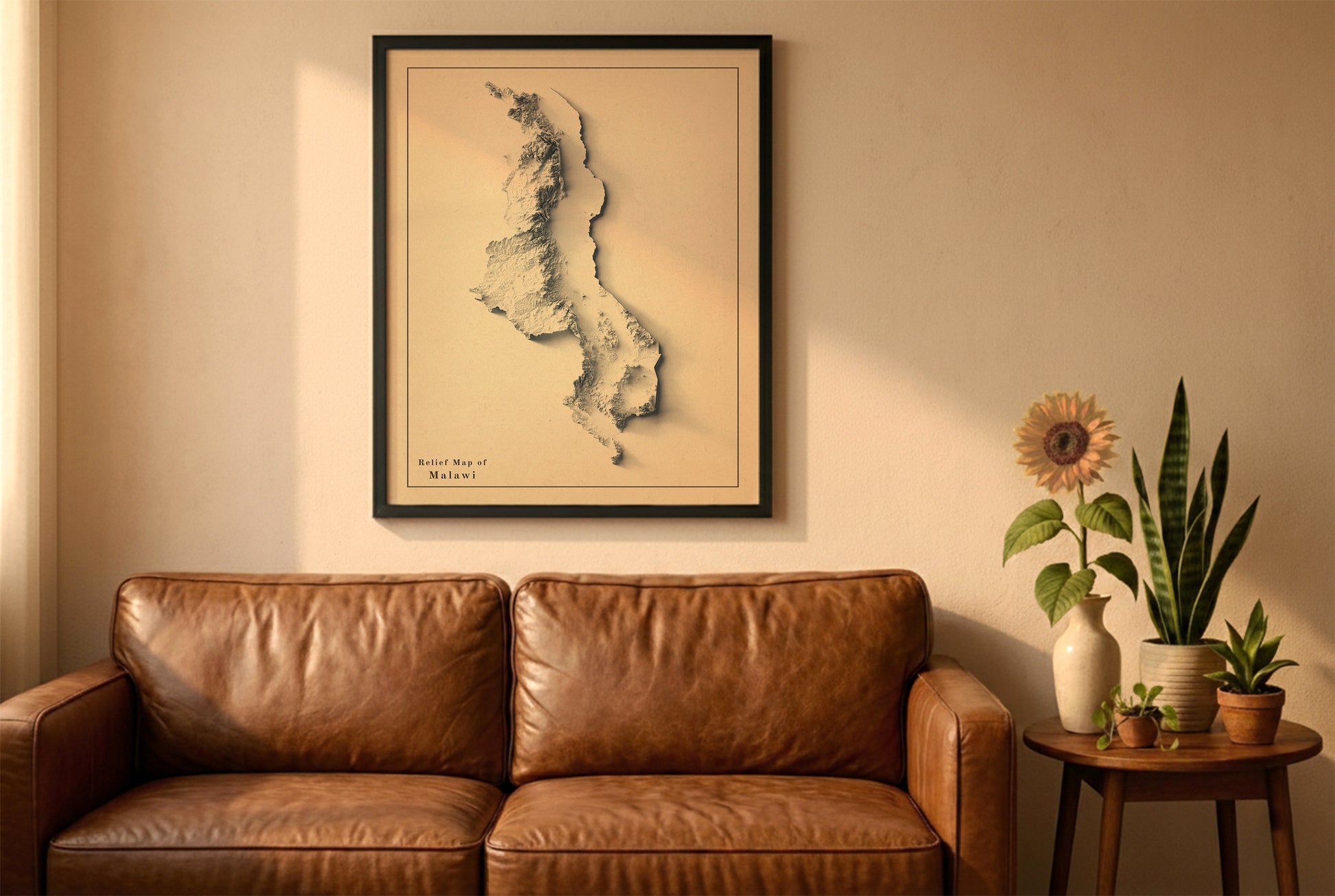 Malawi vintage relief map in a black frame above a brown leather sofa. Boho living room with warm sunlight, sunflower, and indoor plants on a wooden side table