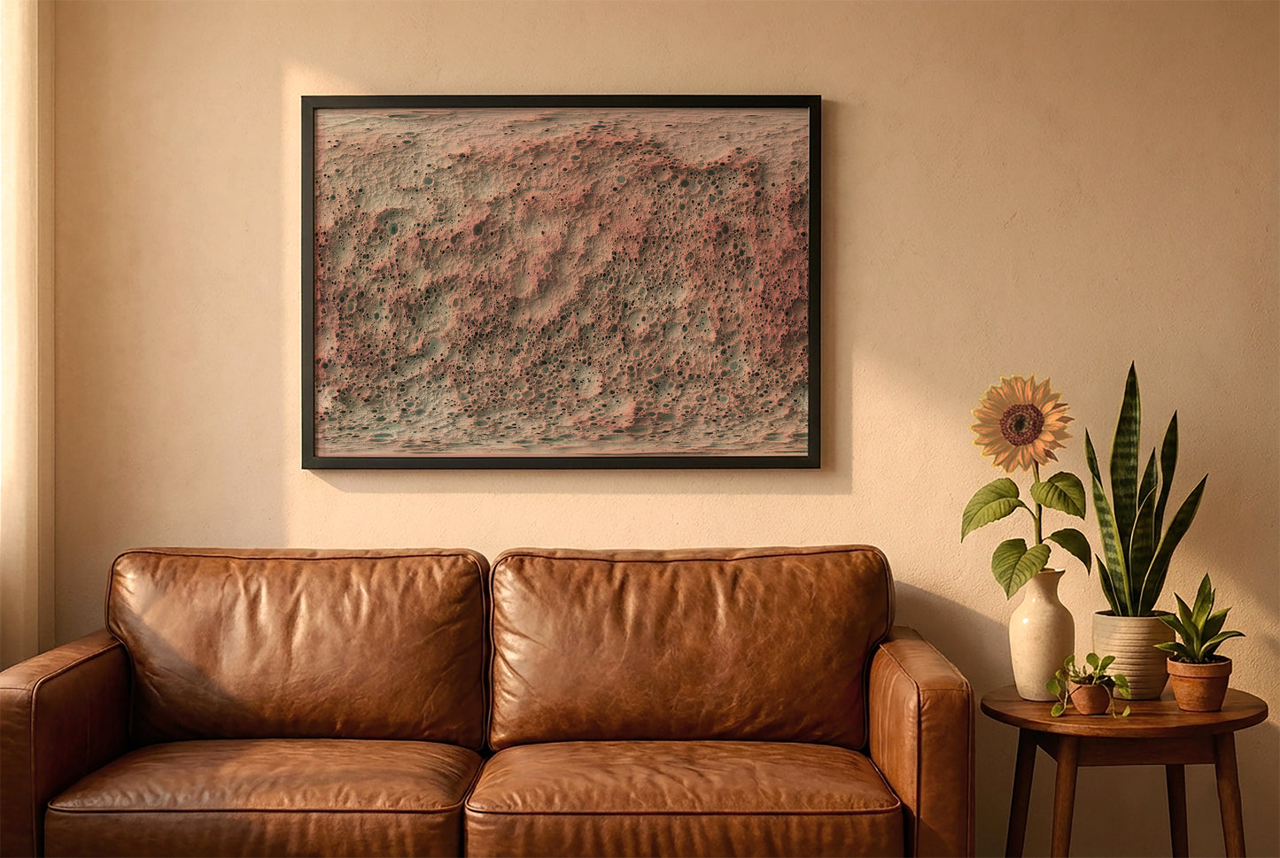 Mercury relief map in a black frame above a brown leather sofa. Boho living room with warm sunlight, sunflower, and indoor plants on a wooden side table