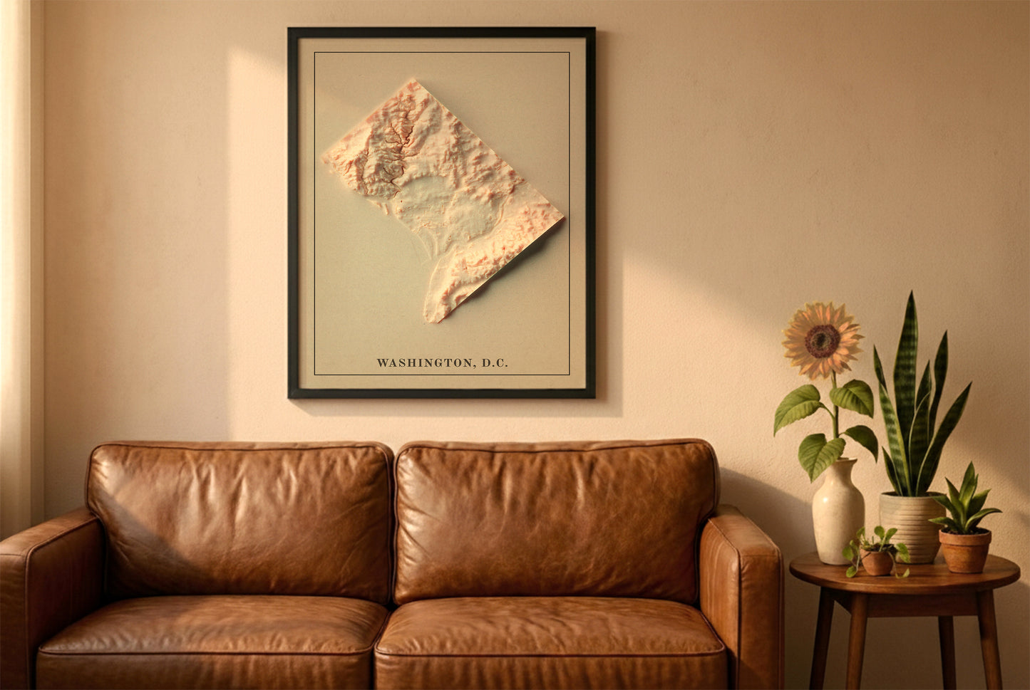 Washington DC vintage relief map in a black frame above a brown leather sofa. Boho living room with warm sunlight, sunflower, and indoor plants on a wooden side table