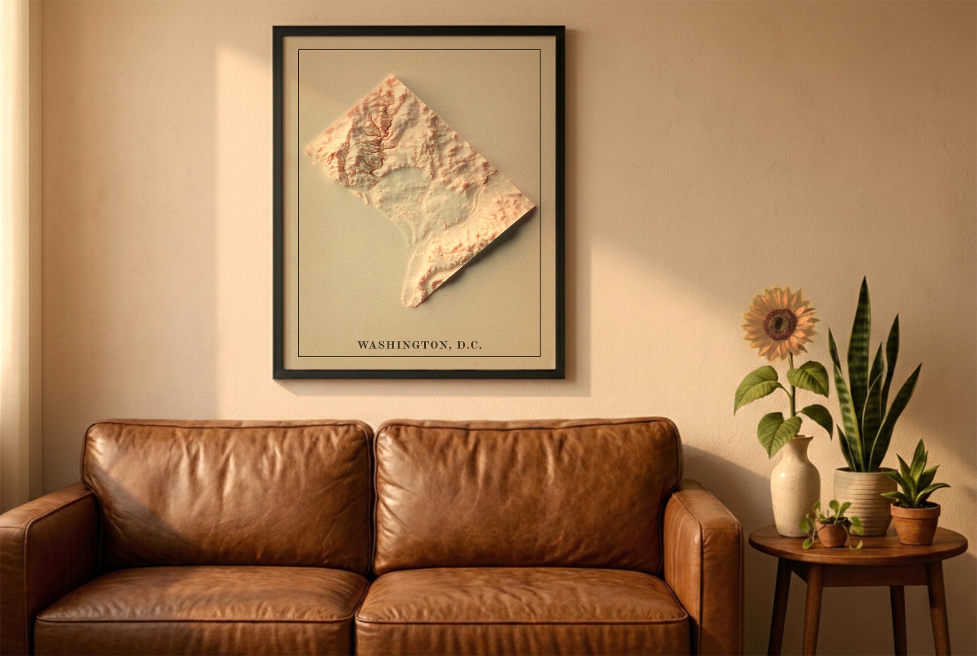 Washington DC vintage relief map in a black frame above a brown leather sofa. Boho living room with warm sunlight, sunflower, and indoor plants on a wooden side table