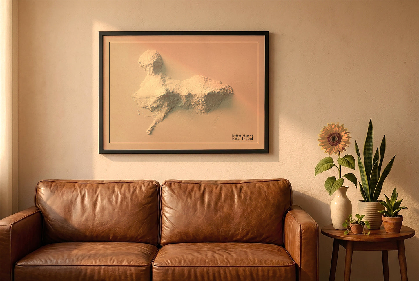 Ross Island, Antarctica, vintage relief map in a black frame above a brown leather sofa. Boho living room with warm sunlight, sunflower, and indoor plants on a wooden side table